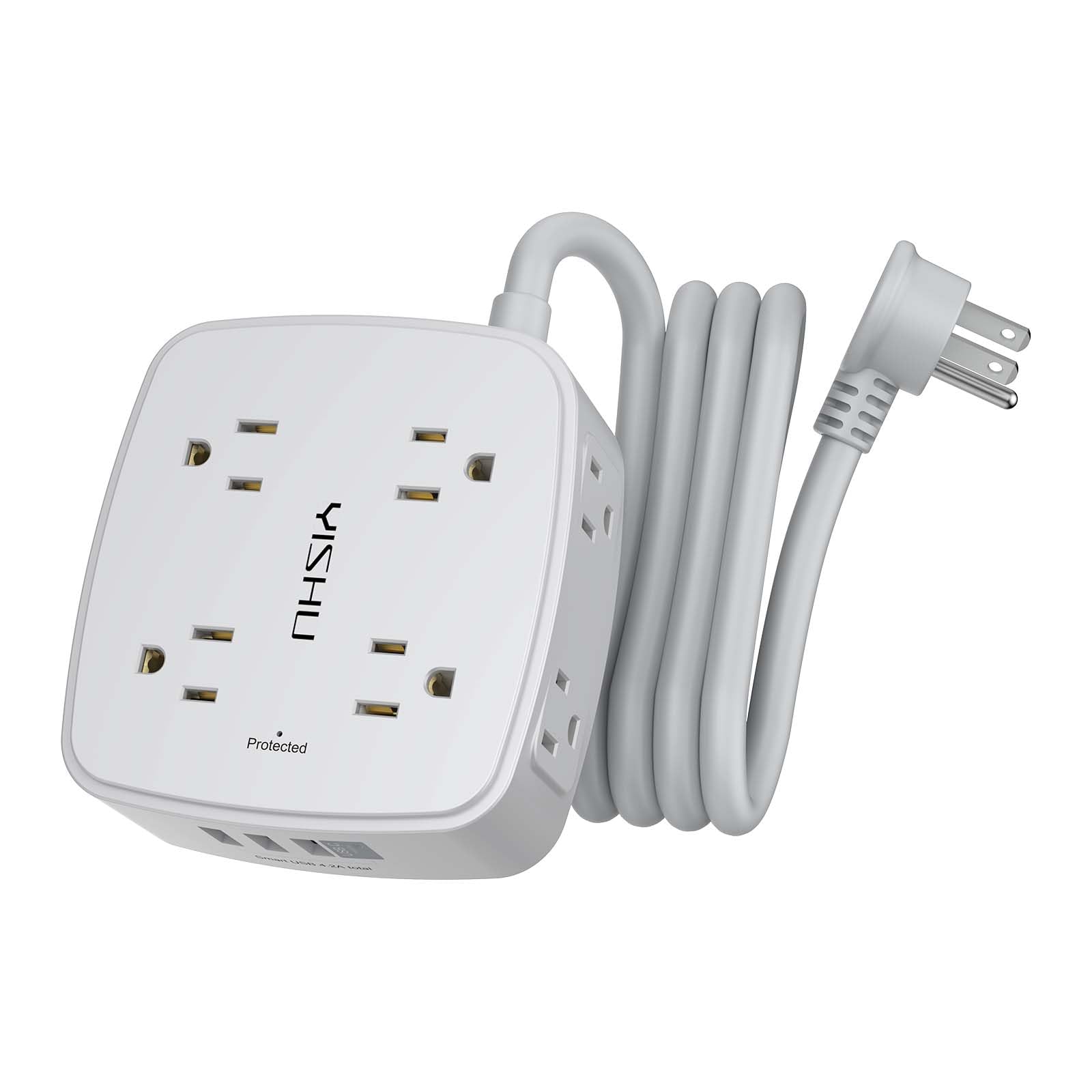 - 5Ft Surge Protector Power Strip - 8 Widely Outlets with 4 USB Ports, 3 Side Outlet Extender with 5 Feet Extension Cord, Flat Plug, Wall Mount, Desk USB Charging Station, ETL,White