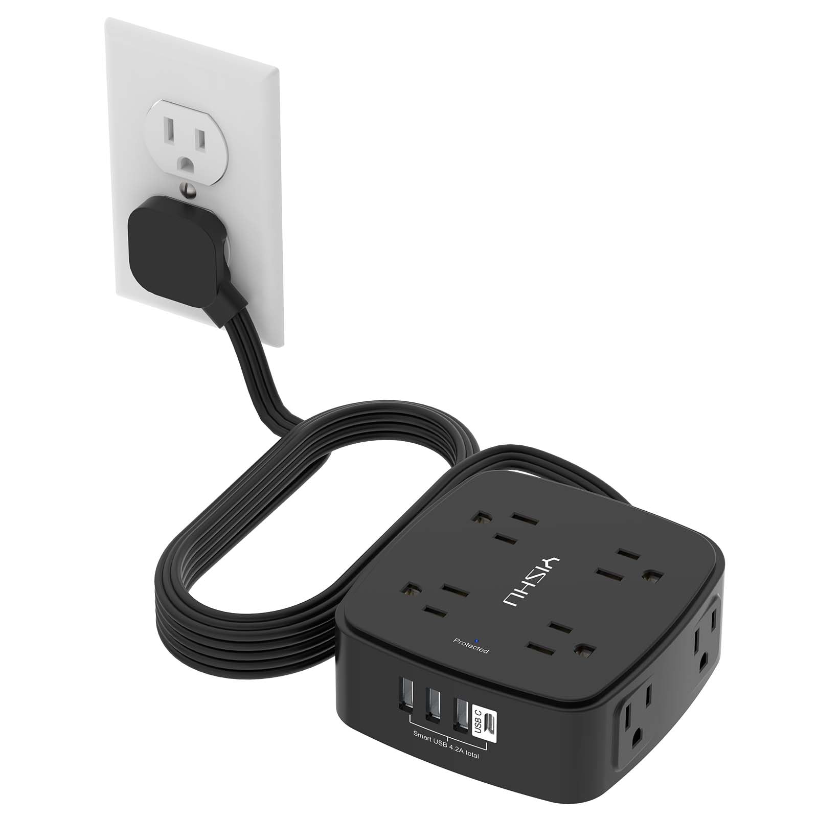 - 5Ft Surge Protector Power Strip - 8 Widely Outlets with 4 USB Ports, 3 Side Outlet Extender with 5 Feet Extension Cord, Flat Plug, Wall Mount, Desk USB Charging Station, ETL,White