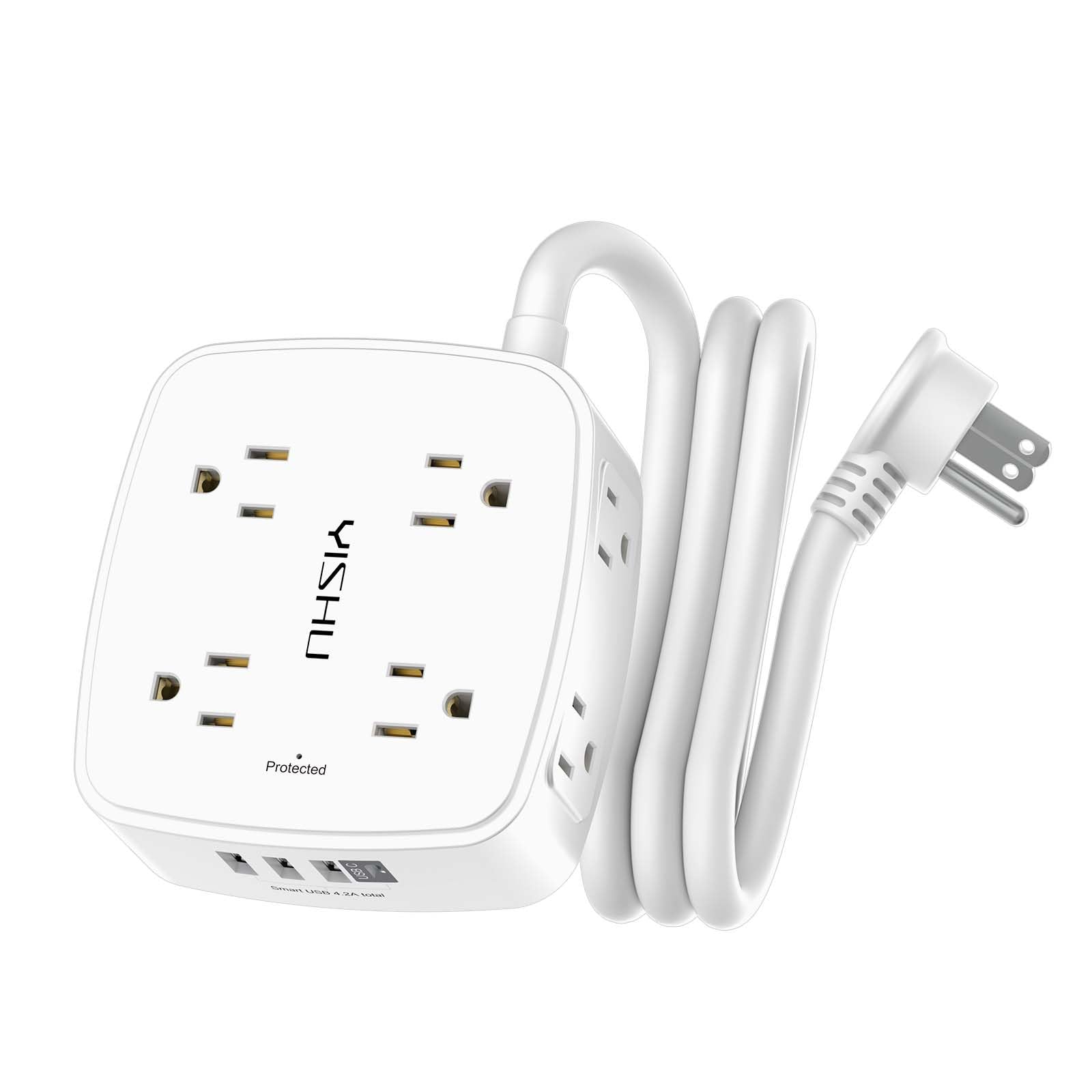 - 5Ft Surge Protector Power Strip - 8 Widely Outlets with 4 USB Ports, 3 Side Outlet Extender with 5 Feet Extension Cord, Flat Plug, Wall Mount, Desk USB Charging Station, ETL,White