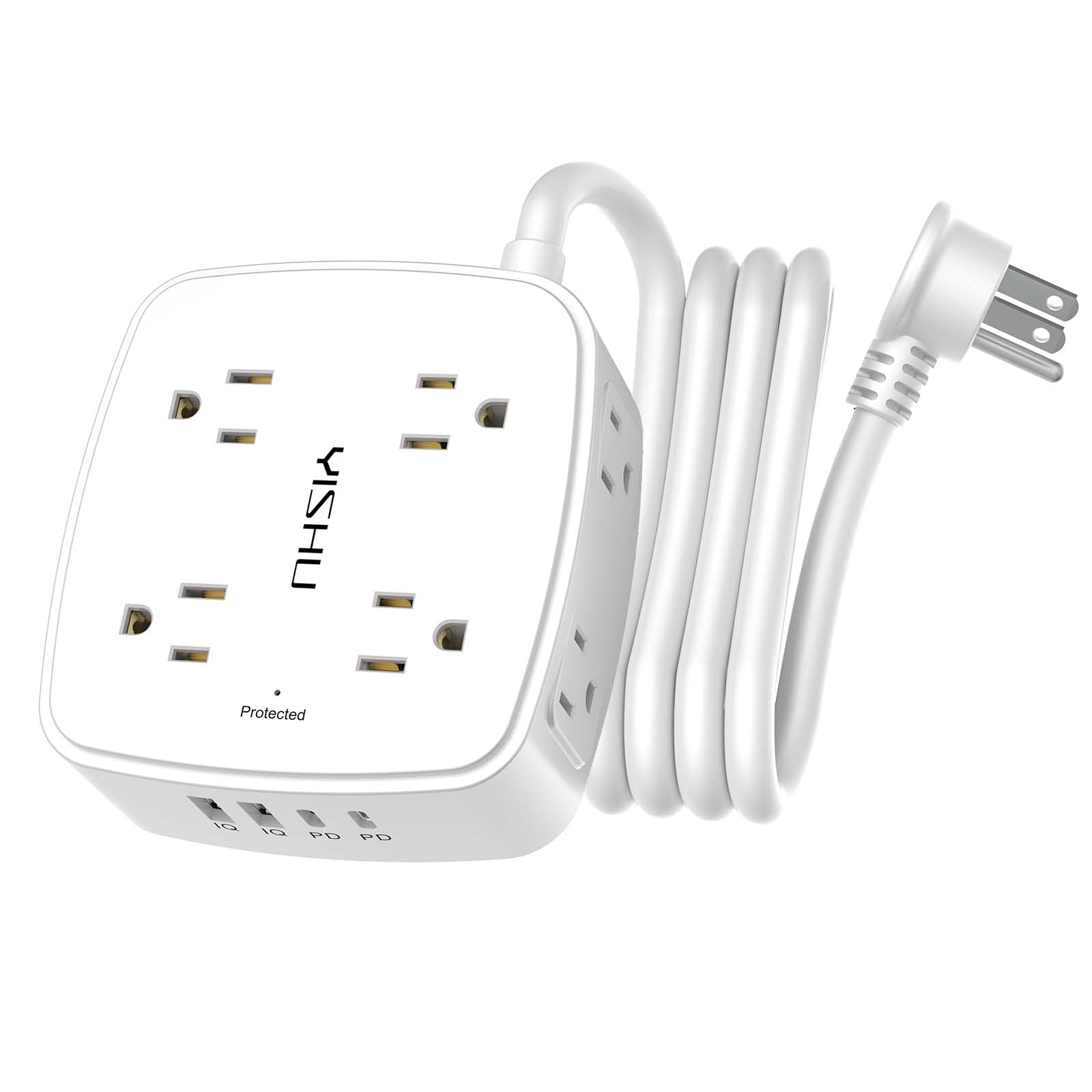 - 5Ft Surge Protector Power Strip - 8 Widely Outlets with 4 USB Ports, 3 Side Outlet Extender with 5 Feet Extension Cord, Flat Plug, Wall Mount, Desk USB Charging Station, ETL,White
