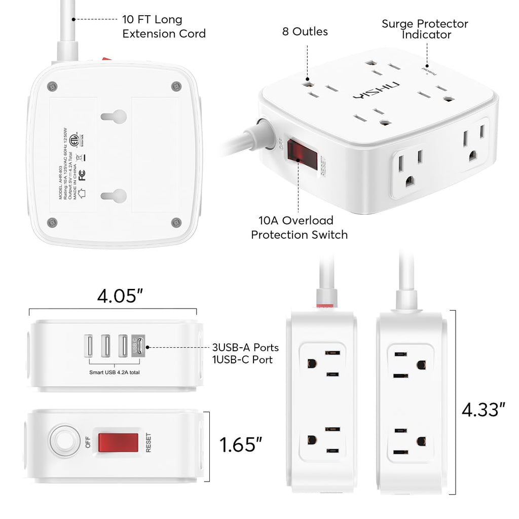 - 5Ft Surge Protector Power Strip - 8 Widely Outlets with 4 USB Ports, 3 Side Outlet Extender with 5 Feet Extension Cord, Flat Plug, Wall Mount, Desk USB Charging Station, ETL,White