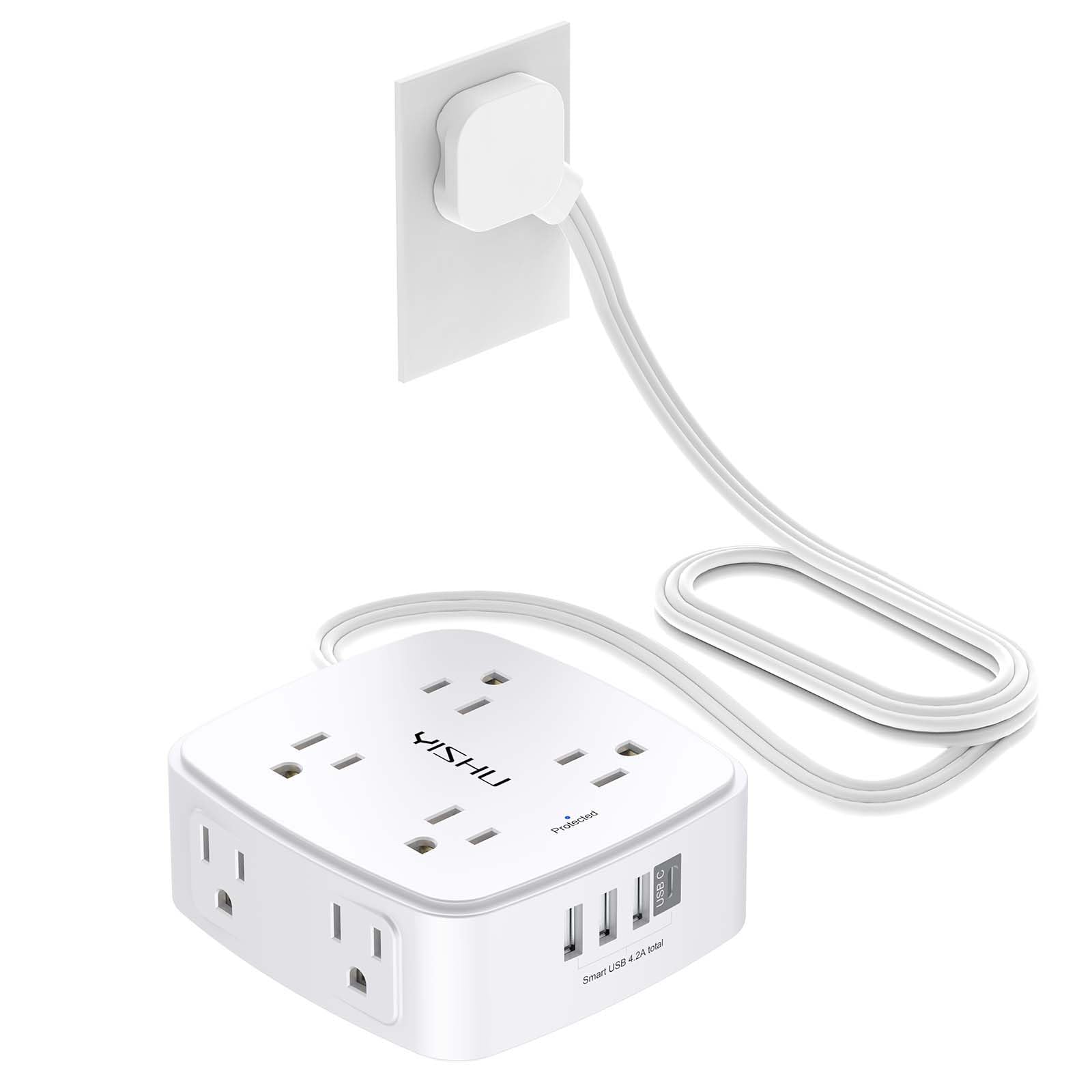 - 5Ft Surge Protector Power Strip - 8 Widely Outlets with 4 USB Ports, 3 Side Outlet Extender with 5 Feet Extension Cord, Flat Plug, Wall Mount, Desk USB Charging Station, ETL,White