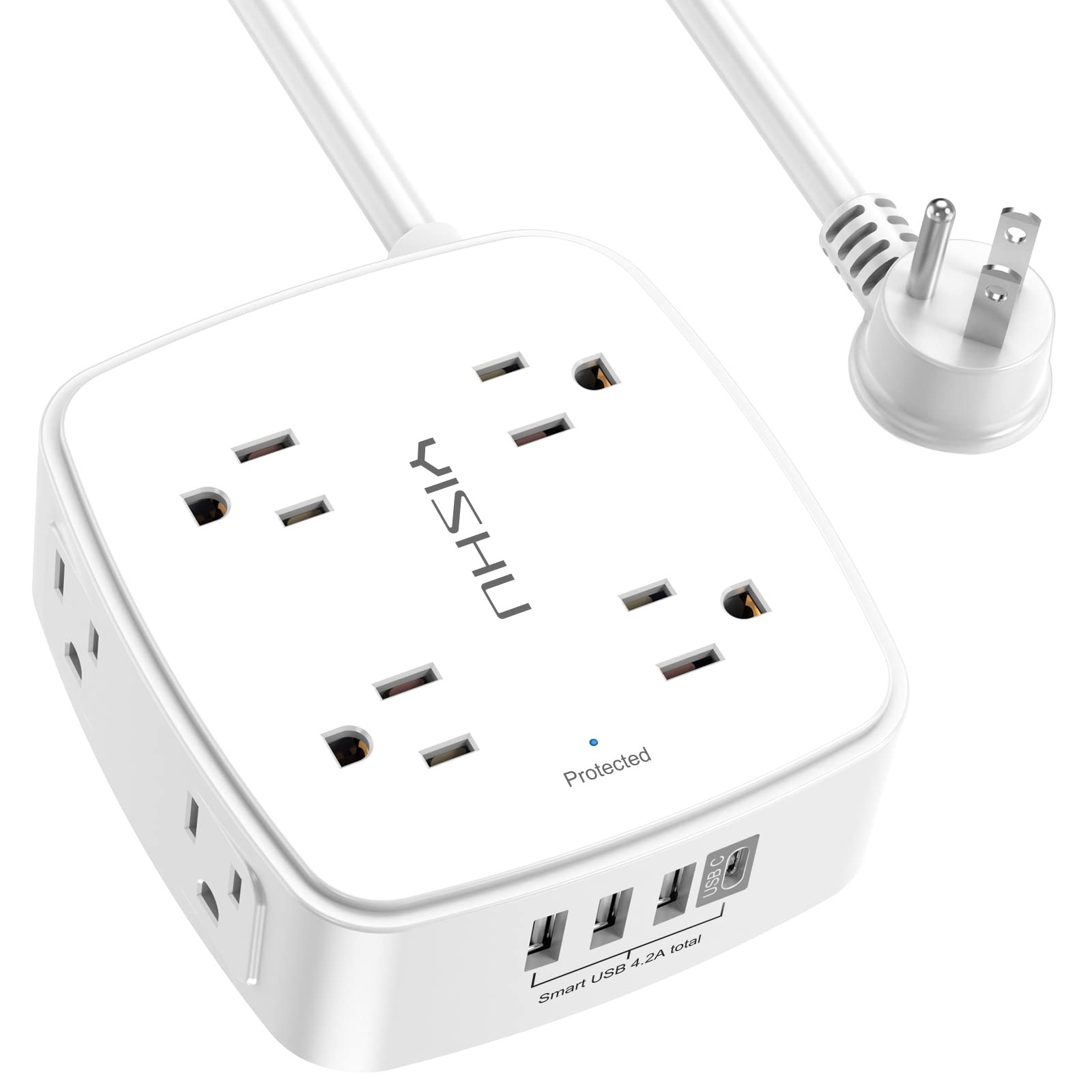- 5Ft Surge Protector Power Strip - 8 Widely Outlets with 4 USB Ports, 3 Side Outlet Extender with 5 Feet Extension Cord, Flat Plug, Wall Mount, Desk USB Charging Station, ETL,White