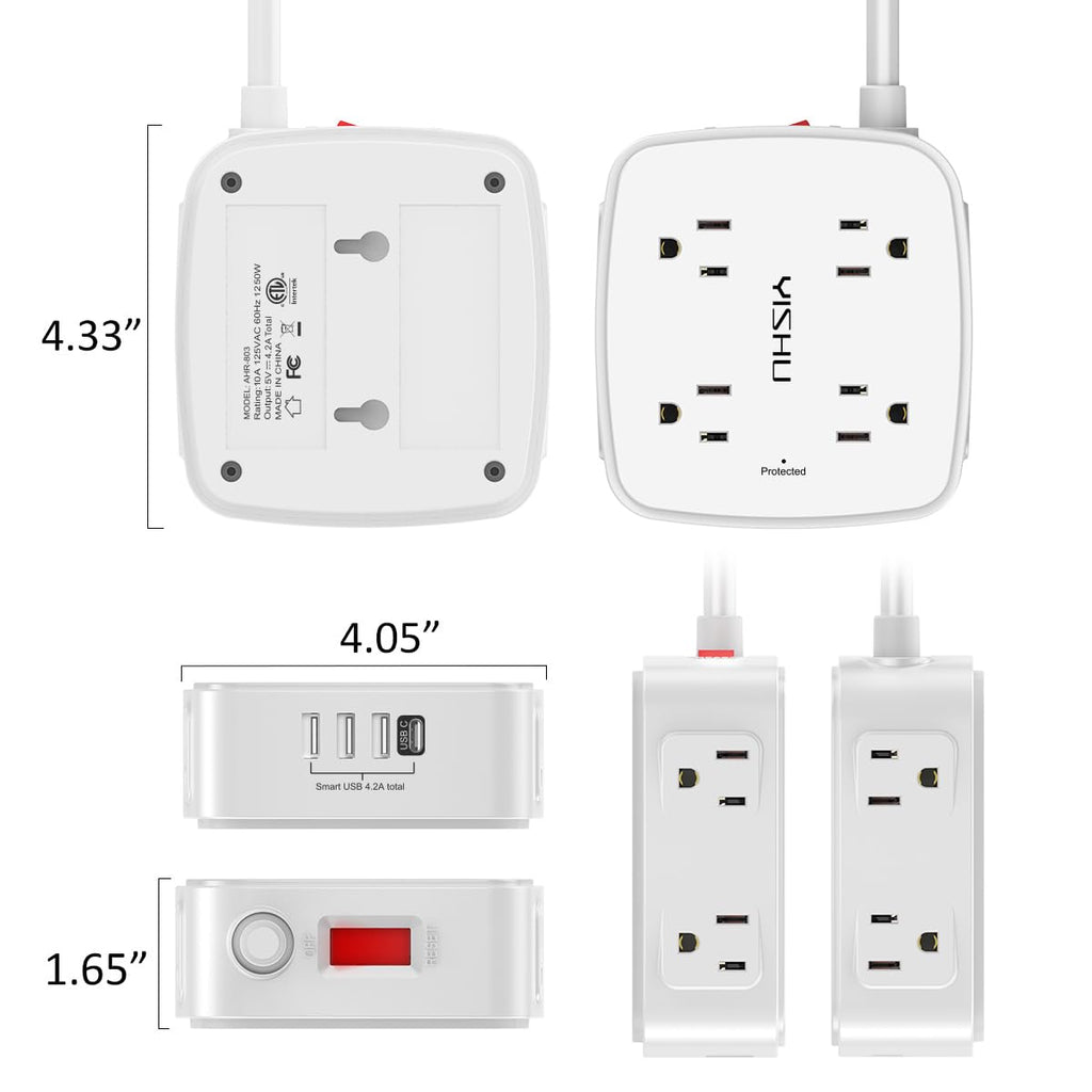 - 5Ft Surge Protector Power Strip - 8 Widely Outlets with 4 USB Ports, 3 Side Outlet Extender with 5 Feet Extension Cord, Flat Plug, Wall Mount, Desk USB Charging Station, ETL,White