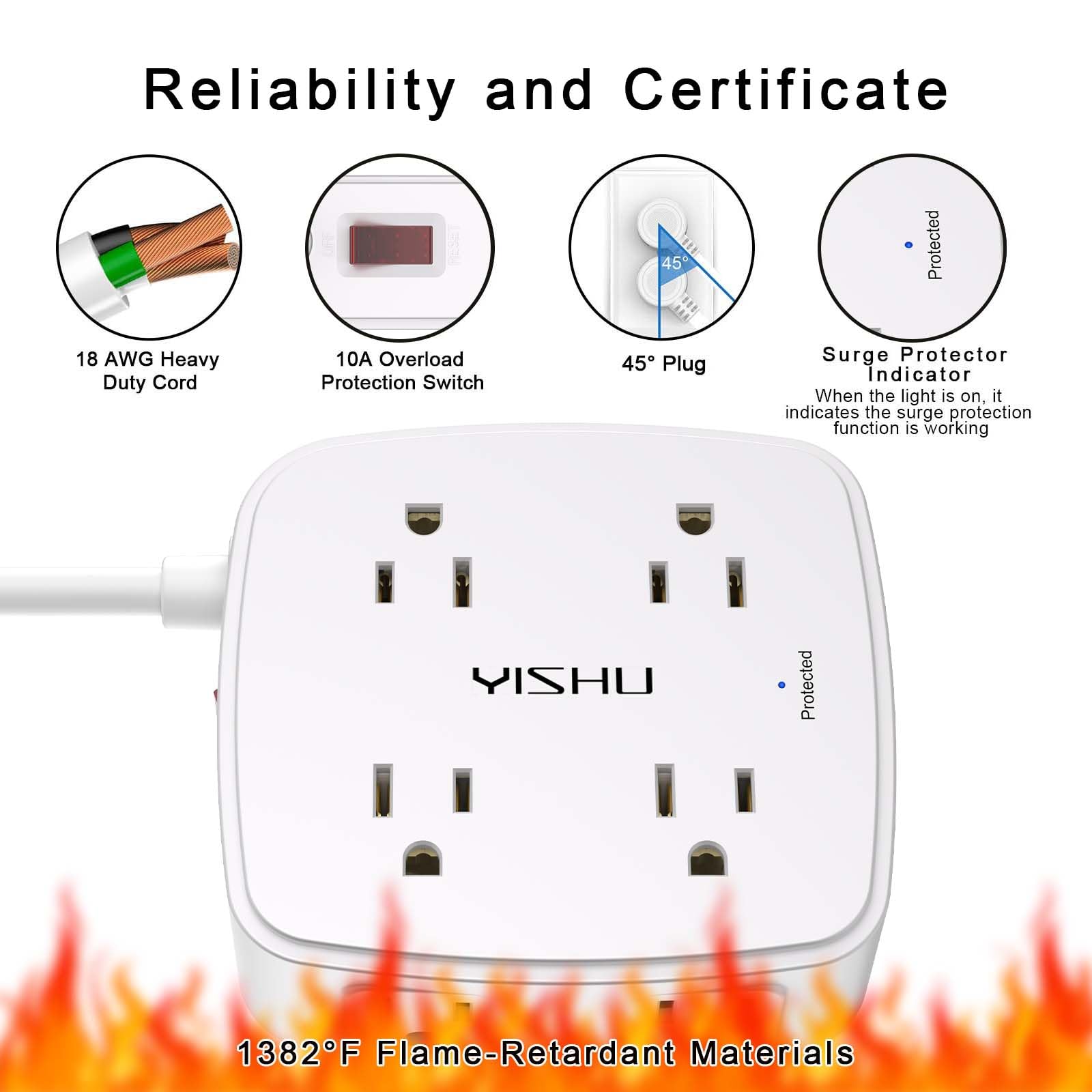 - 5Ft Surge Protector Power Strip - 8 Widely Outlets with 4 USB Ports, 3 Side Outlet Extender with 5 Feet Extension Cord, Flat Plug, Wall Mount, Desk USB Charging Station, ETL,White
