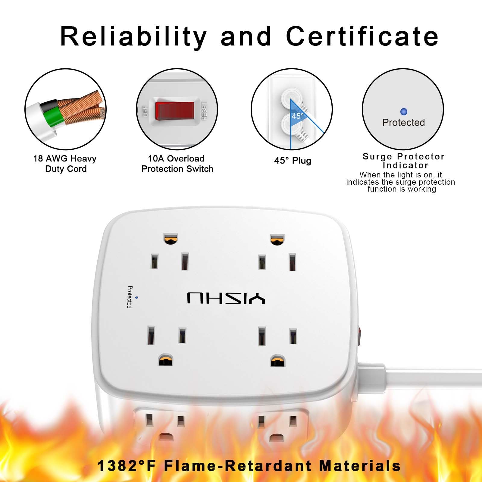 - 5Ft Surge Protector Power Strip - 8 Widely Outlets with 4 USB Ports, 3 Side Outlet Extender with 5 Feet Extension Cord, Flat Plug, Wall Mount, Desk USB Charging Station, ETL,White