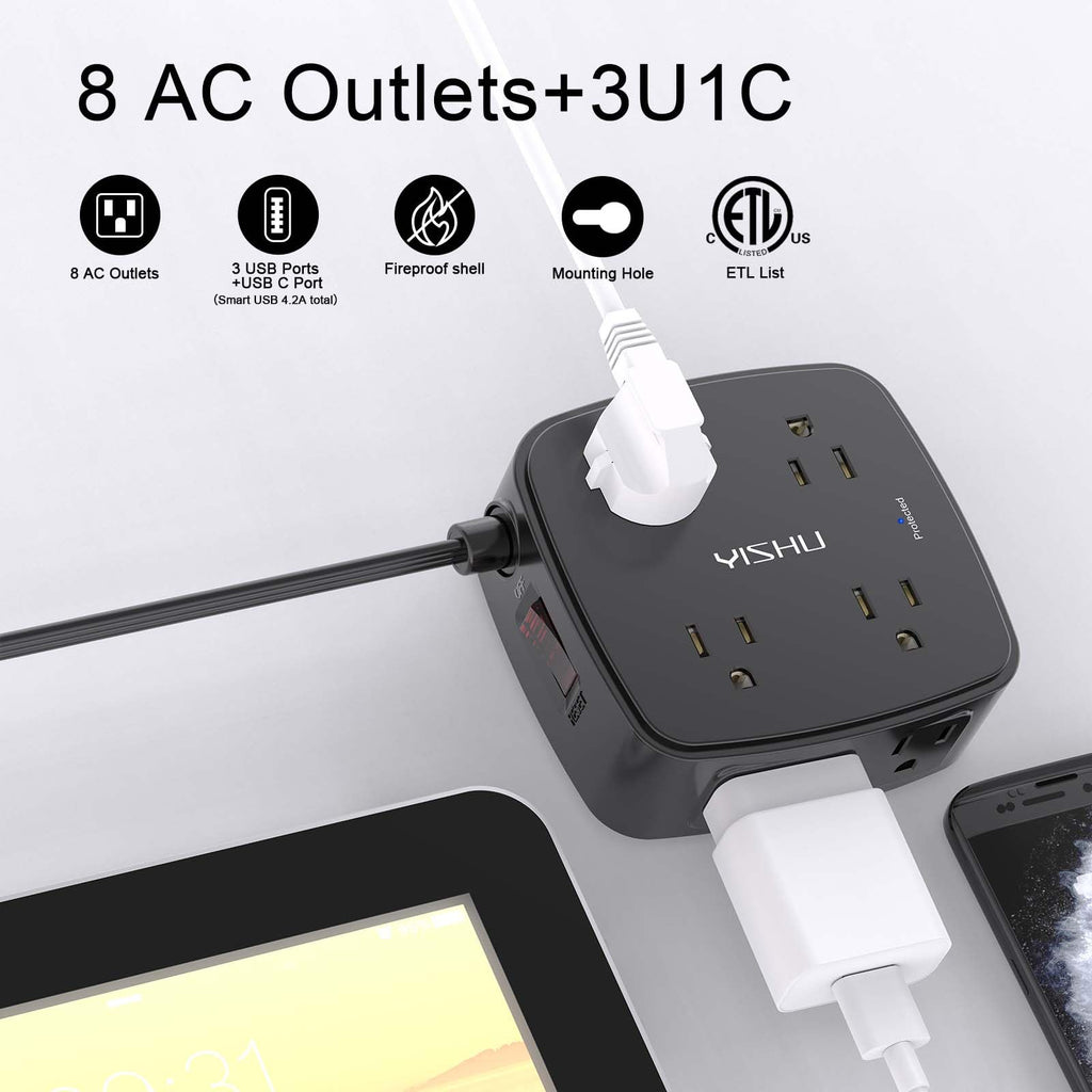 - 5Ft Surge Protector Power Strip - 8 Widely Outlets with 4 USB Ports, 3 Side Outlet Extender with 5 Feet Extension Cord, Flat Plug, Wall Mount, Desk USB Charging Station, ETL,White