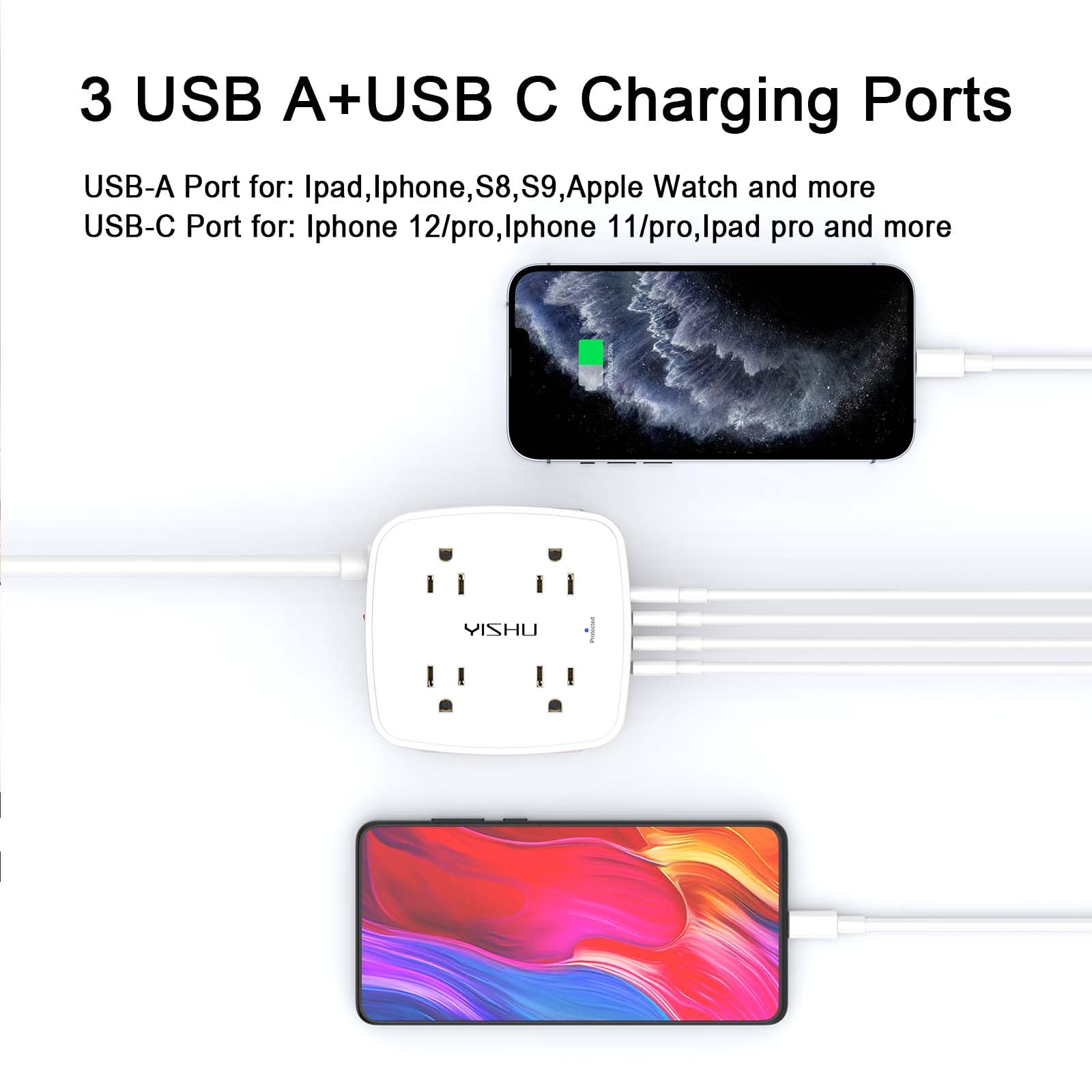 - 5Ft Surge Protector Power Strip - 8 Widely Outlets with 4 USB Ports, 3 Side Outlet Extender with 5 Feet Extension Cord, Flat Plug, Wall Mount, Desk USB Charging Station, ETL,White