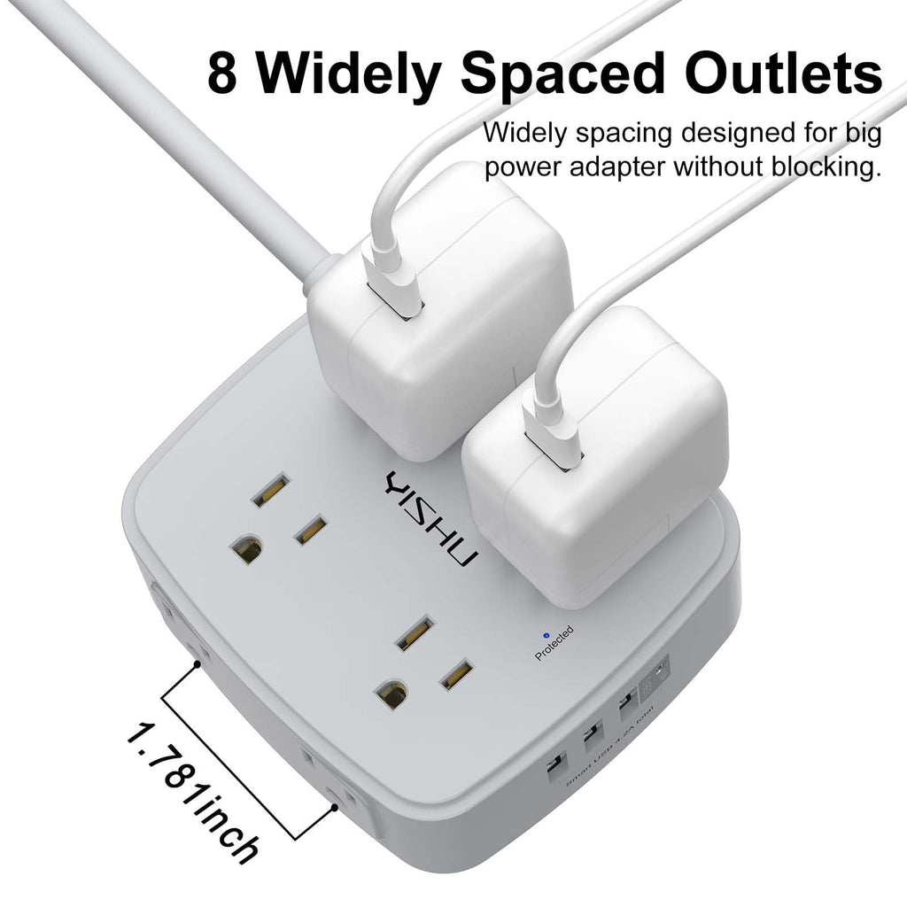 - 5Ft Surge Protector Power Strip - 8 Widely Outlets with 4 USB Ports, 3 Side Outlet Extender with 5 Feet Extension Cord, Flat Plug, Wall Mount, Desk USB Charging Station, ETL,White