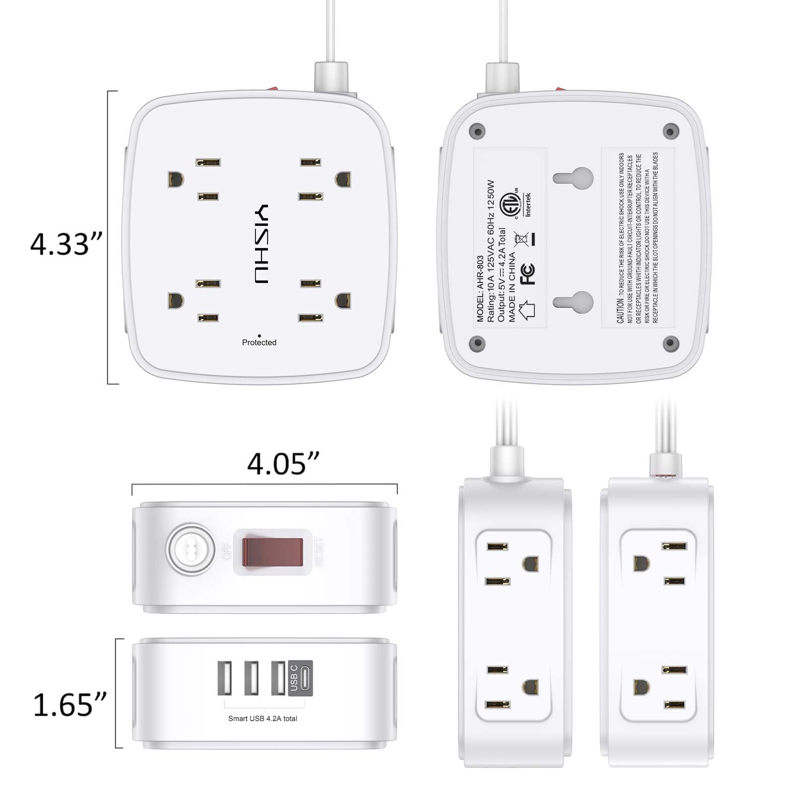 - 5Ft Surge Protector Power Strip - 8 Widely Outlets with 4 USB Ports, 3 Side Outlet Extender with 5 Feet Extension Cord, Flat Plug, Wall Mount, Desk USB Charging Station, ETL,White