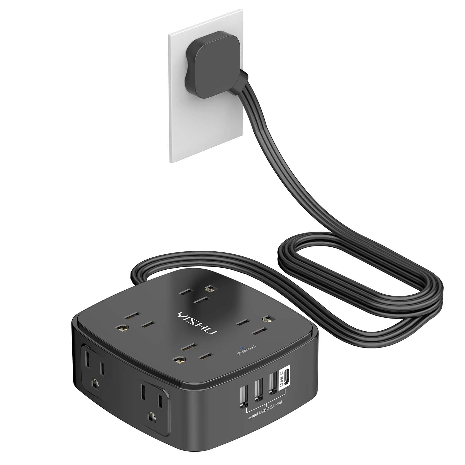 - 5Ft Surge Protector Power Strip - 8 Widely Outlets with 4 USB Ports, 3 Side Outlet Extender with 5 Feet Extension Cord, Flat Plug, Wall Mount, Desk USB Charging Station, ETL,White
