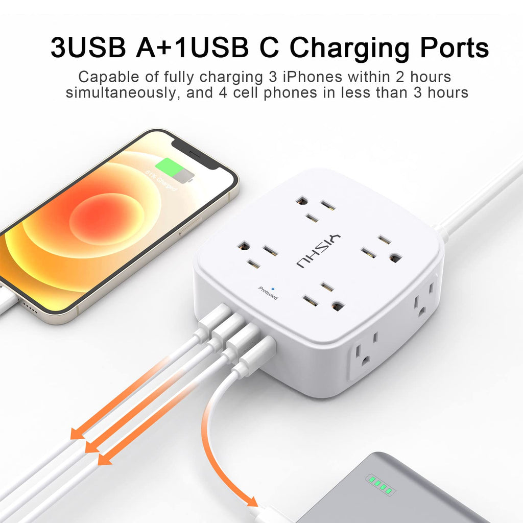 - 5Ft Surge Protector Power Strip - 8 Widely Outlets with 4 USB Ports, 3 Side Outlet Extender with 5 Feet Extension Cord, Flat Plug, Wall Mount, Desk USB Charging Station, ETL,White