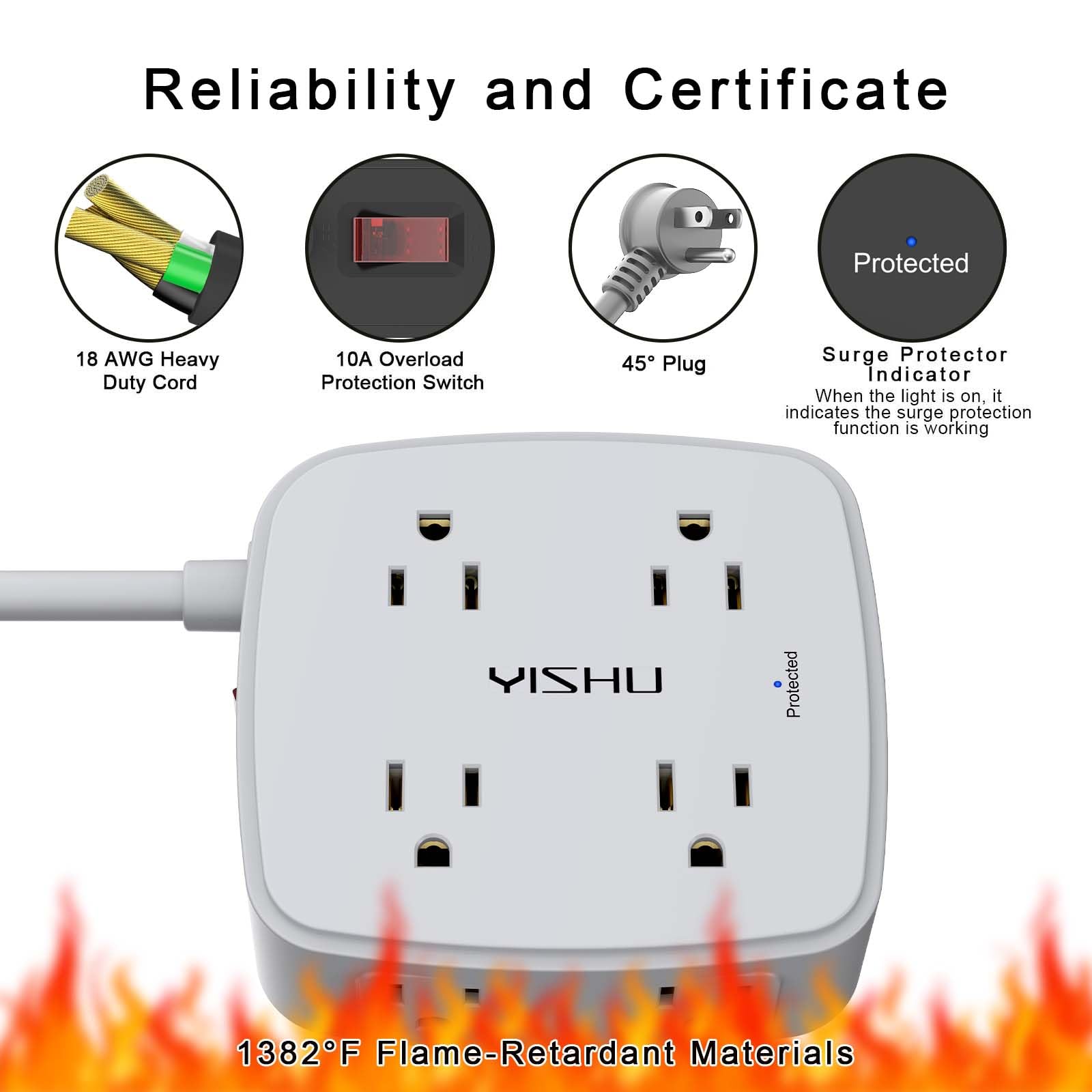 - 5Ft Surge Protector Power Strip - 8 Widely Outlets with 4 USB Ports, 3 Side Outlet Extender with 5 Feet Extension Cord, Flat Plug, Wall Mount, Desk USB Charging Station, ETL,White