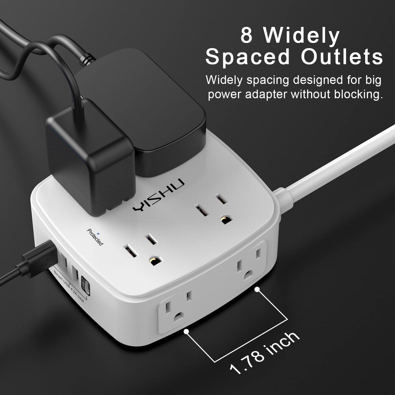 - 5Ft Surge Protector Power Strip - 8 Widely Outlets with 4 USB Ports, 3 Side Outlet Extender with 5 Feet Extension Cord, Flat Plug, Wall Mount, Desk USB Charging Station, ETL,White