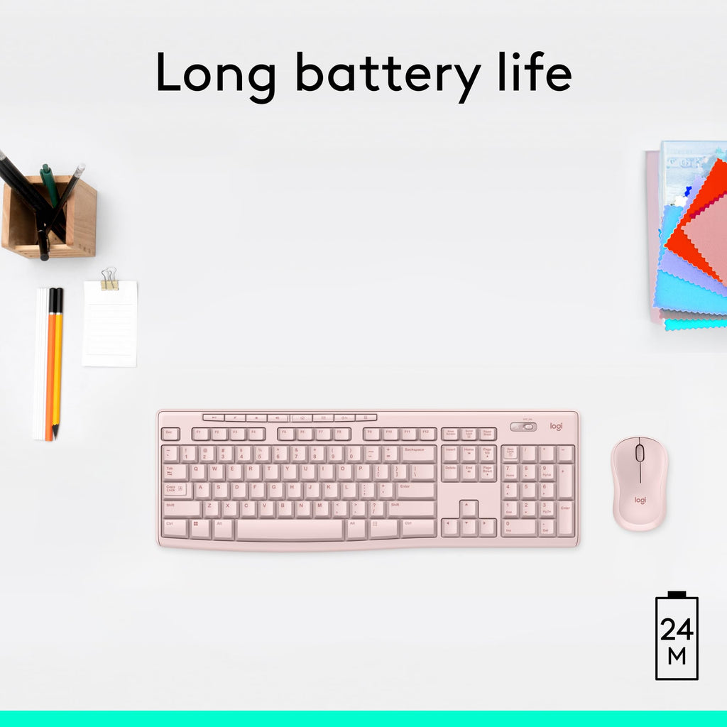 - Logitech MK270 Wireless Keyboard and Mouse Combo for Windows, 2.4 GHz, 8 Multimedia Keys, PC, Laptop, Wireless Keyboard Compact Mouse Combo - Rose