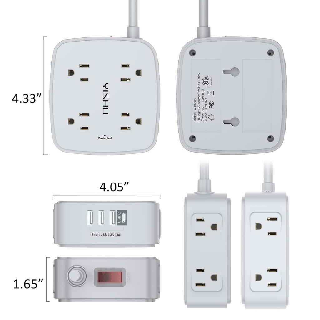 - 5Ft Surge Protector Power Strip - 8 Widely Outlets with 4 USB Ports, 3 Side Outlet Extender with 5 Feet Extension Cord, Flat Plug, Wall Mount, Desk USB Charging Station, ETL,White