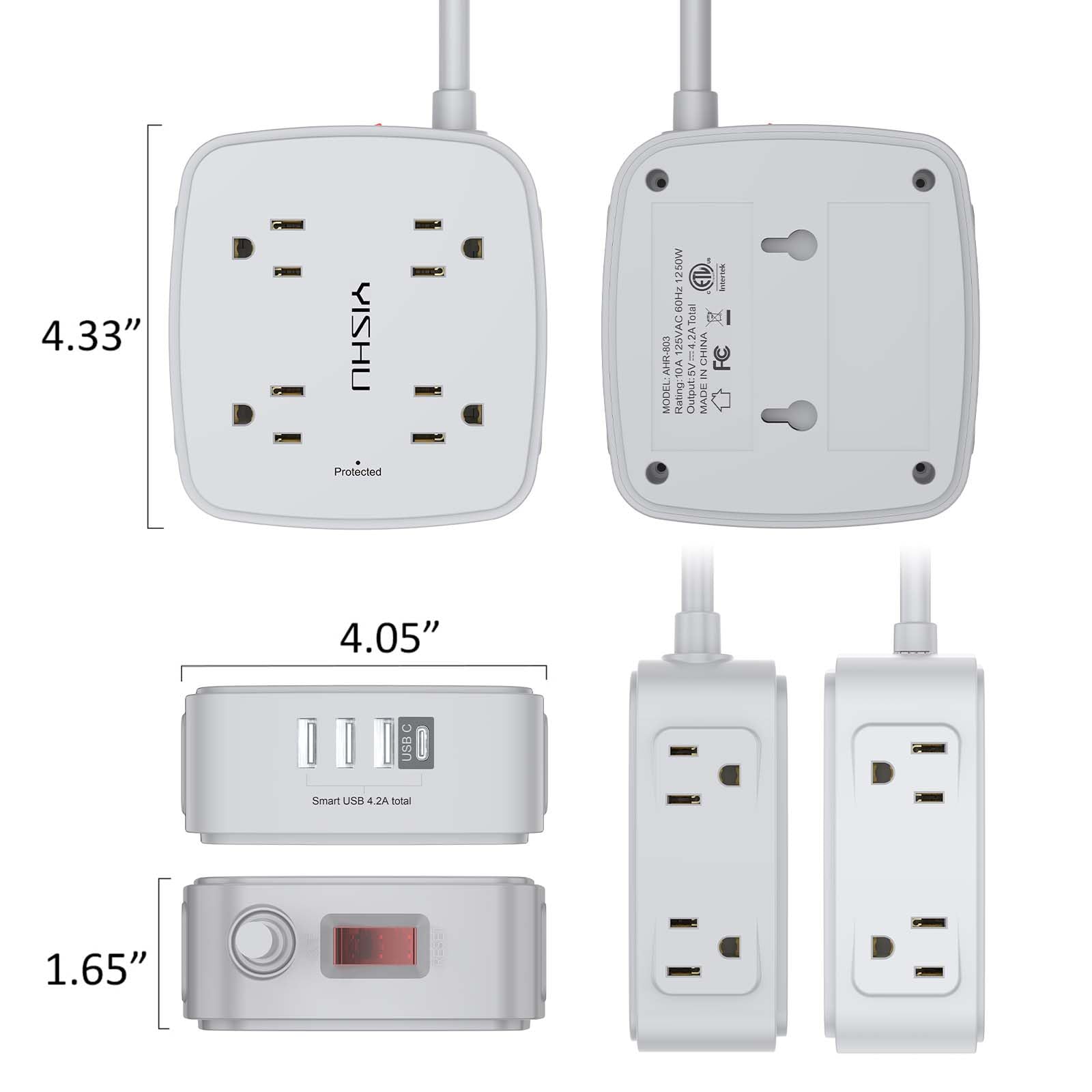 - 5Ft Surge Protector Power Strip - 8 Widely Outlets with 4 USB Ports, 3 Side Outlet Extender with 5 Feet Extension Cord, Flat Plug, Wall Mount, Desk USB Charging Station, ETL,White