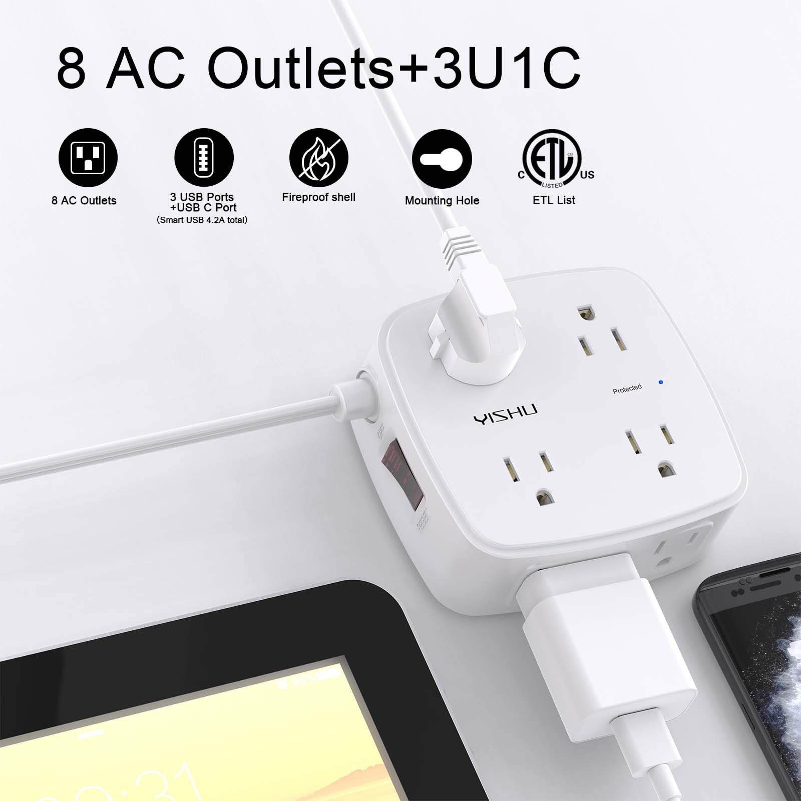 - 5Ft Surge Protector Power Strip - 8 Widely Outlets with 4 USB Ports, 3 Side Outlet Extender with 5 Feet Extension Cord, Flat Plug, Wall Mount, Desk USB Charging Station, ETL,White
