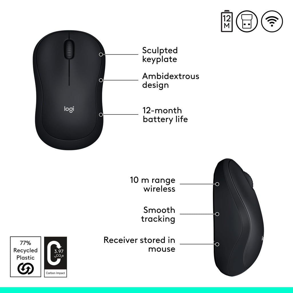 - Logitech M185 Wireless Mouse, 2.4GHz with USB Mini Receiver, 12-Month Battery Life, 1000 DPI Optical Tracking, Ambidextrous PC/Mac/Laptop - Swift Grey