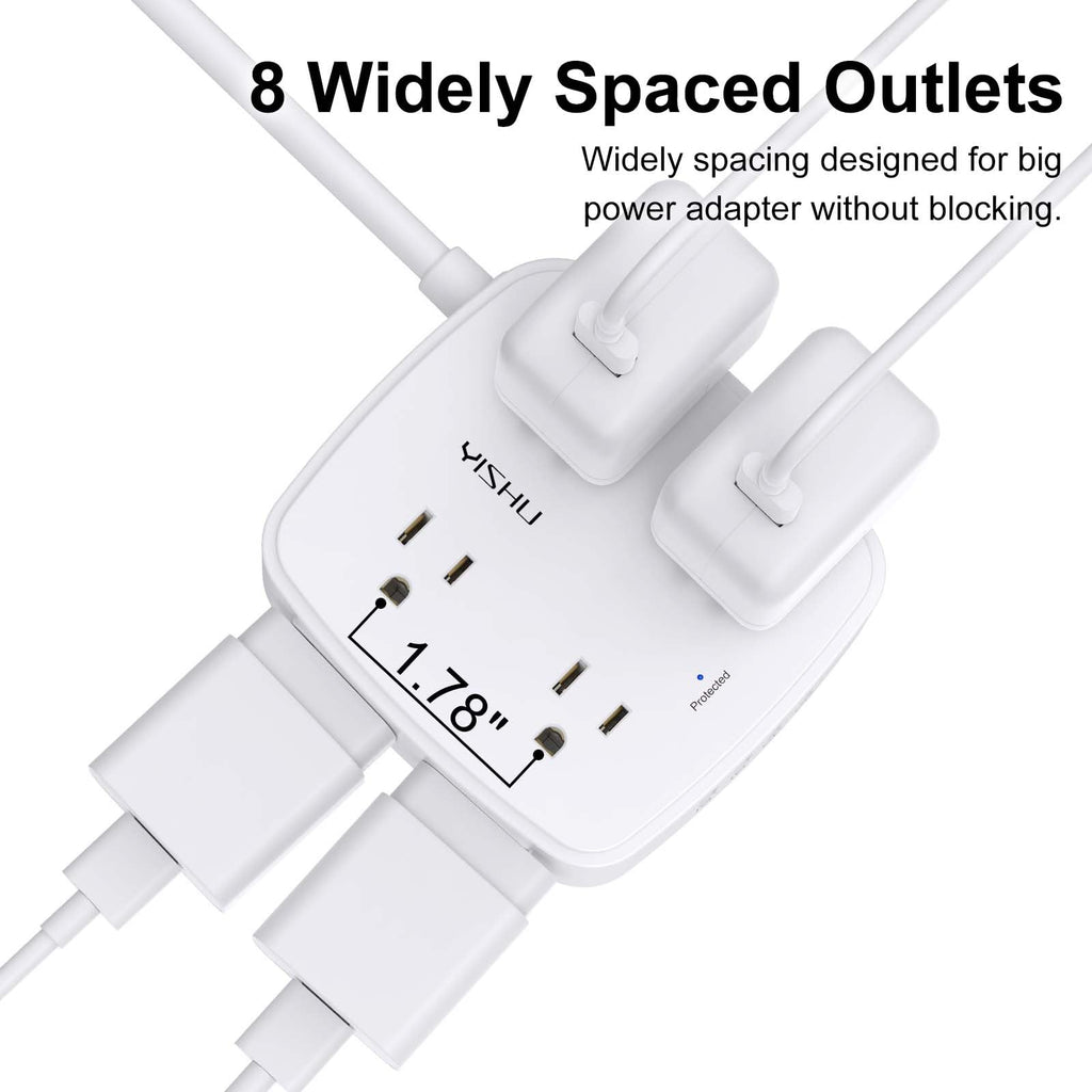 - 5Ft Surge Protector Power Strip - 8 Widely Outlets with 4 USB Ports, 3 Side Outlet Extender with 5 Feet Extension Cord, Flat Plug, Wall Mount, Desk USB Charging Station, ETL,White