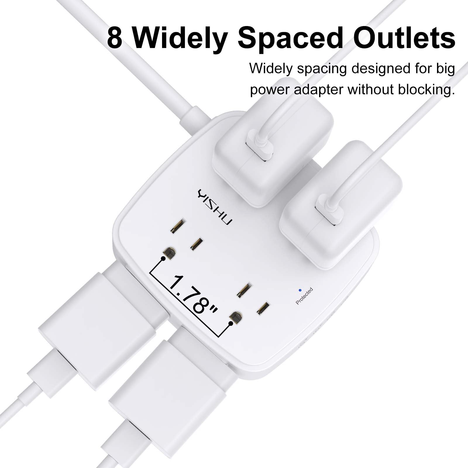 - 5Ft Surge Protector Power Strip - 8 Widely Outlets with 4 USB Ports, 3 Side Outlet Extender with 5 Feet Extension Cord, Flat Plug, Wall Mount, Desk USB Charging Station, ETL,White