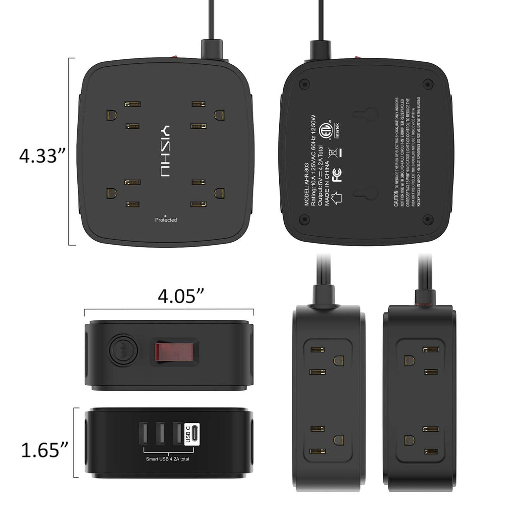 - 5Ft Surge Protector Power Strip - 8 Widely Outlets with 4 USB Ports, 3 Side Outlet Extender with 5 Feet Extension Cord, Flat Plug, Wall Mount, Desk USB Charging Station, ETL,White