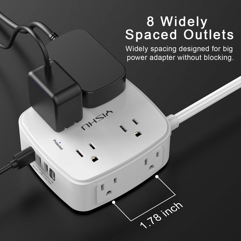 - 5Ft Surge Protector Power Strip - 8 Widely Outlets with 4 USB Ports, 3 Side Outlet Extender with 5 Feet Extension Cord, Flat Plug, Wall Mount, Desk USB Charging Station, ETL,White