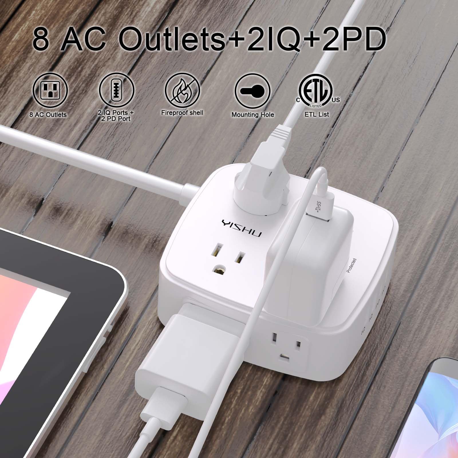 - 5Ft Surge Protector Power Strip - 8 Widely Outlets with 4 USB Ports, 3 Side Outlet Extender with 5 Feet Extension Cord, Flat Plug, Wall Mount, Desk USB Charging Station, ETL,White