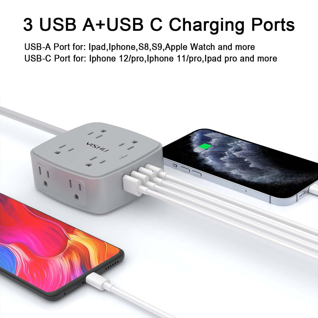 - 5Ft Surge Protector Power Strip - 8 Widely Outlets with 4 USB Ports, 3 Side Outlet Extender with 5 Feet Extension Cord, Flat Plug, Wall Mount, Desk USB Charging Station, ETL,White