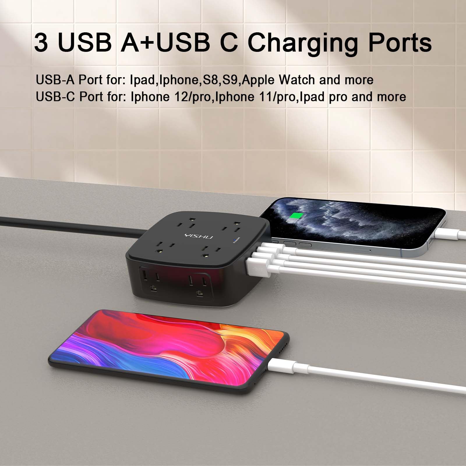 - 5Ft Surge Protector Power Strip - 8 Widely Outlets with 4 USB Ports, 3 Side Outlet Extender with 5 Feet Extension Cord, Flat Plug, Wall Mount, Desk USB Charging Station, ETL,White