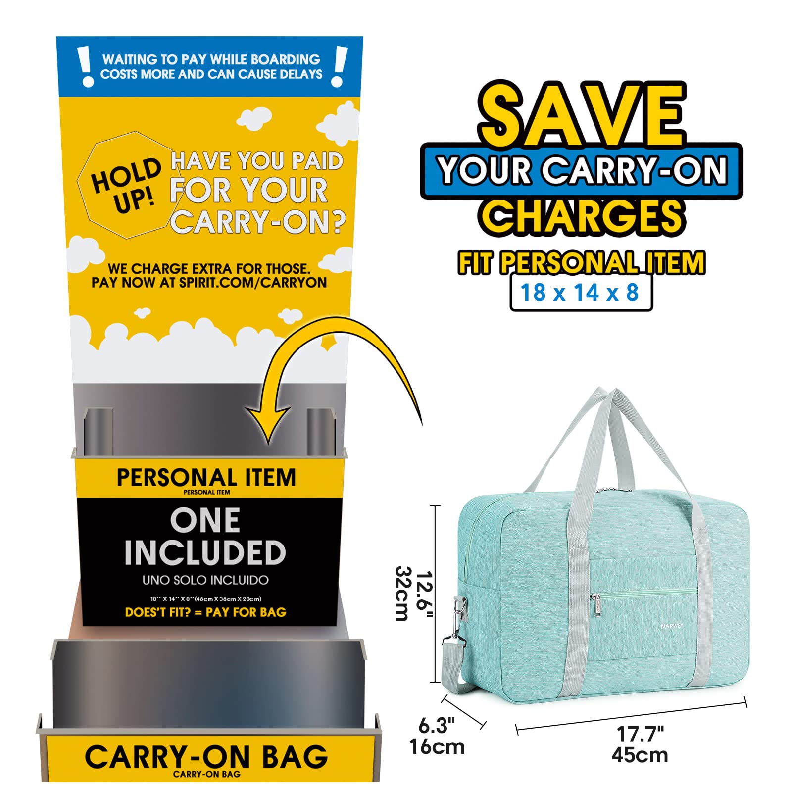 - For Spirit Airlines Personal Item Bag 18x14x8 Foldable Travel Duffel Bag Tote Carry on Luggage Duffle Overnight for Women and Men