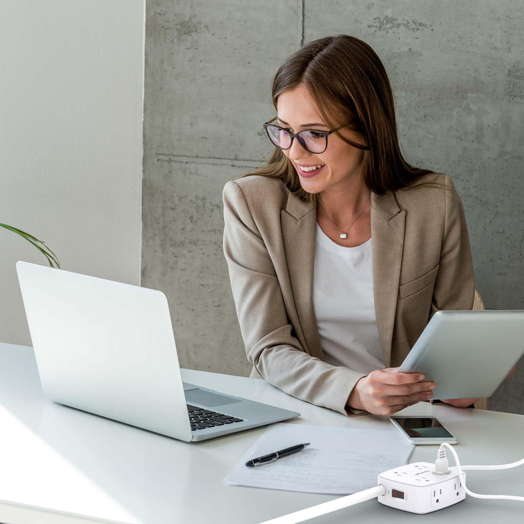 - 5Ft Surge Protector Power Strip - 8 Widely Outlets with 4 USB Ports, 3 Side Outlet Extender with 5 Feet Extension Cord, Flat Plug, Wall Mount, Desk USB Charging Station, ETL,White