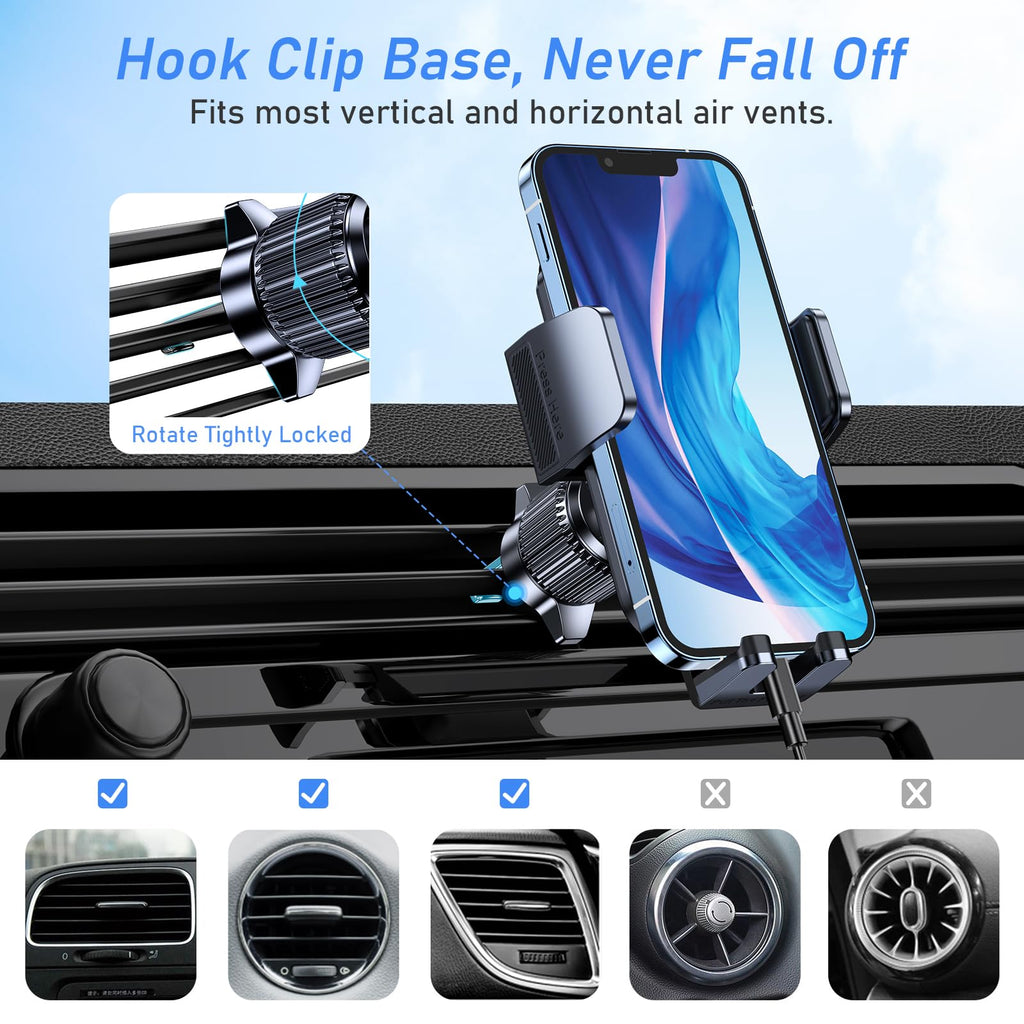- Blukar Car Phone Holder Mount, Super Stable Air Vent Cell Phone Car Mount with 2025 Metal Hook Clip, 360° Rotation,One Button Release for iPhone, Galaxy, Google, and All Other Smartphones