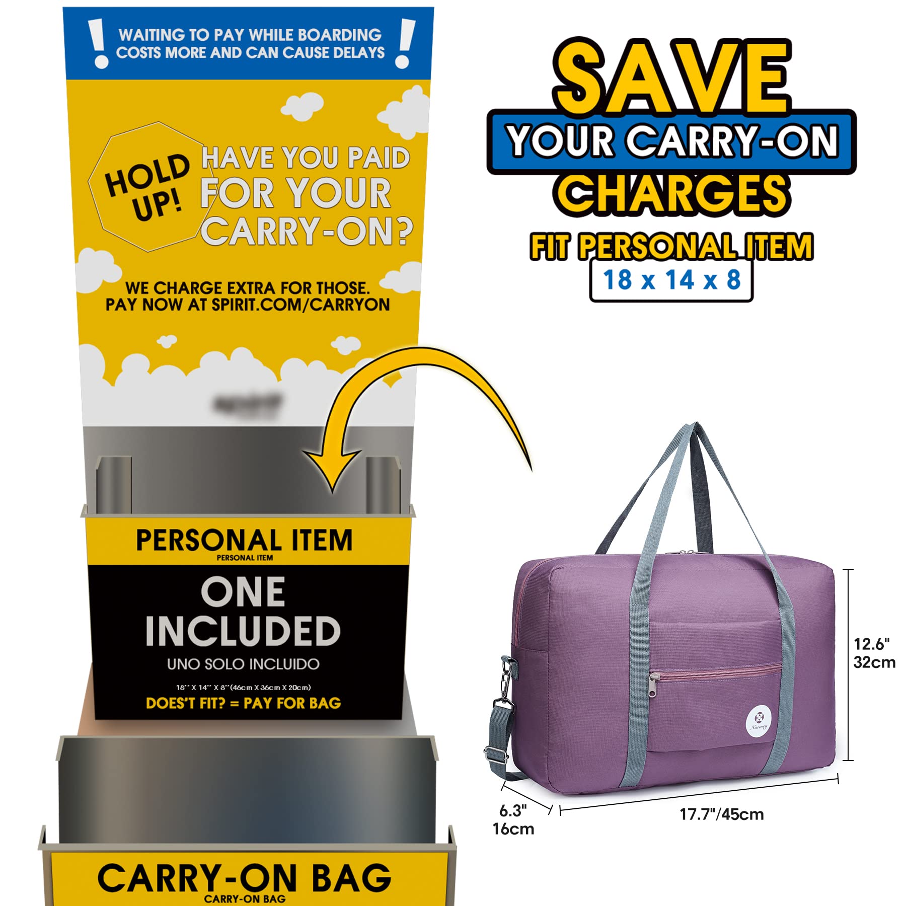 - For Spirit Airlines Personal Item Bag 18x14x8 Foldable Travel Duffel Bag Tote Carry on Luggage Duffle Overnight for Women and Men