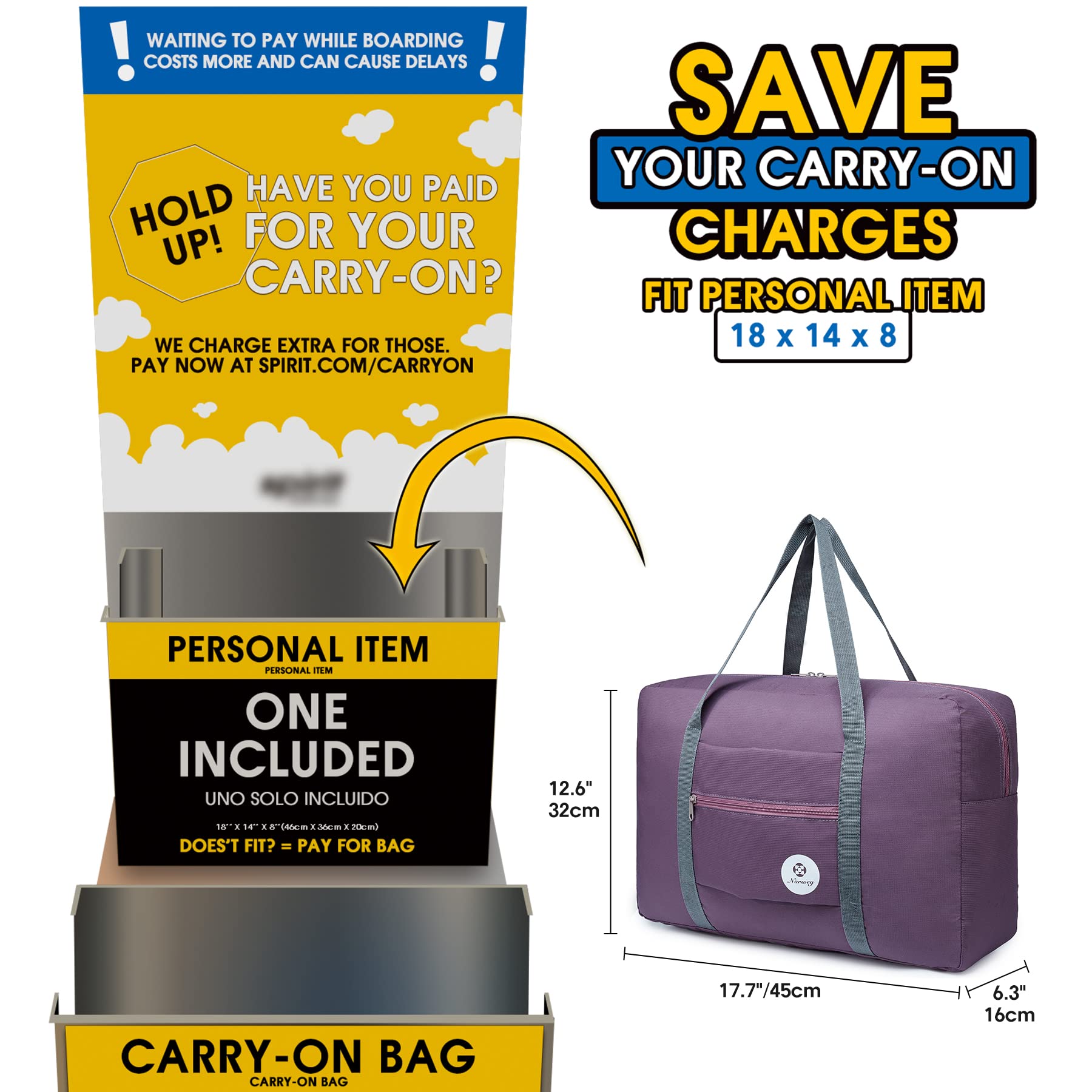 - For Spirit Airlines Personal Item Bag 18x14x8 Foldable Travel Duffel Bag Tote Carry on Luggage Duffle Overnight for Women and Men