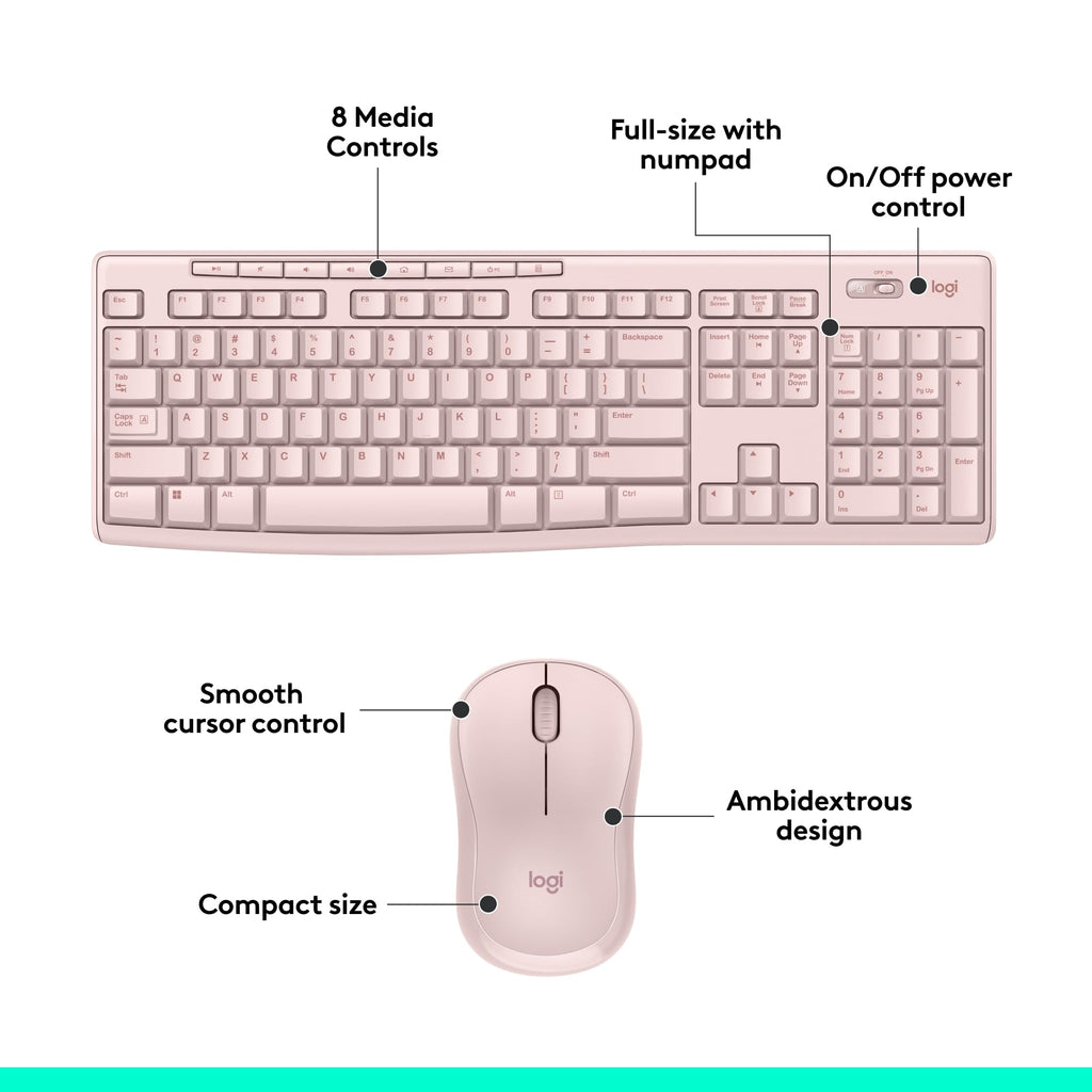 - Logitech MK270 Wireless Keyboard and Mouse Combo for Windows, 2.4 GHz, 8 Multimedia Keys, PC, Laptop, Wireless Keyboard Compact Mouse Combo - Rose