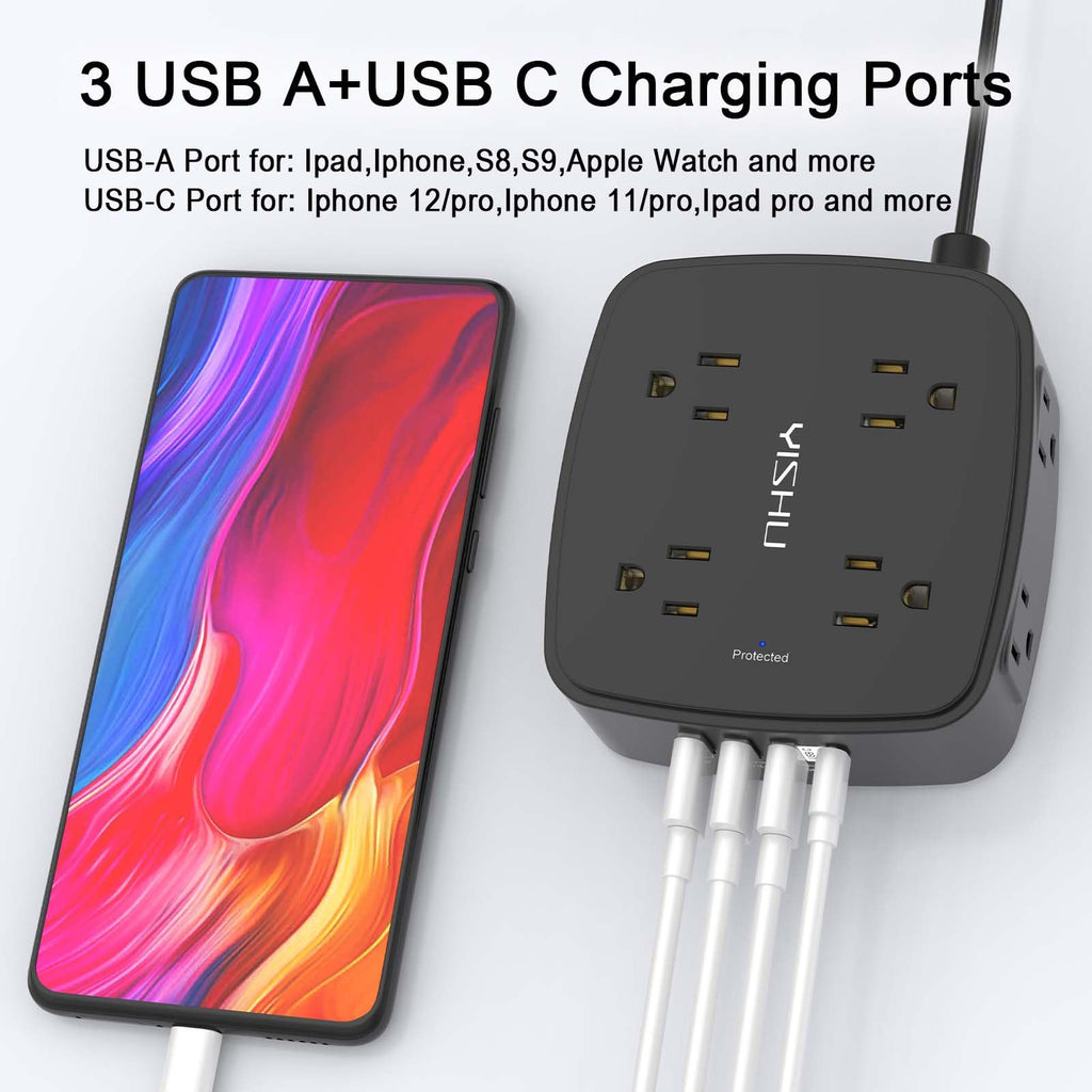 - 5Ft Surge Protector Power Strip - 8 Widely Outlets with 4 USB Ports, 3 Side Outlet Extender with 5 Feet Extension Cord, Flat Plug, Wall Mount, Desk USB Charging Station, ETL,White