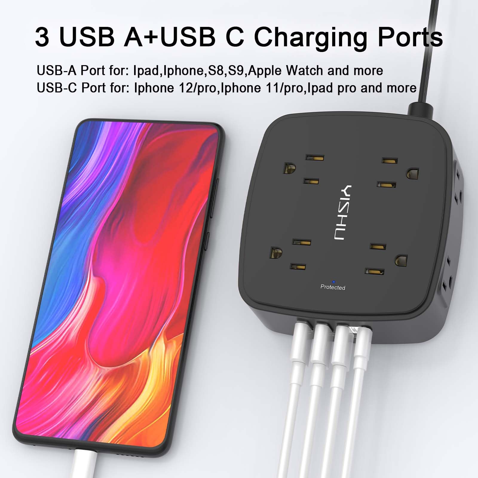 - 5Ft Surge Protector Power Strip - 8 Widely Outlets with 4 USB Ports, 3 Side Outlet Extender with 5 Feet Extension Cord, Flat Plug, Wall Mount, Desk USB Charging Station, ETL,White