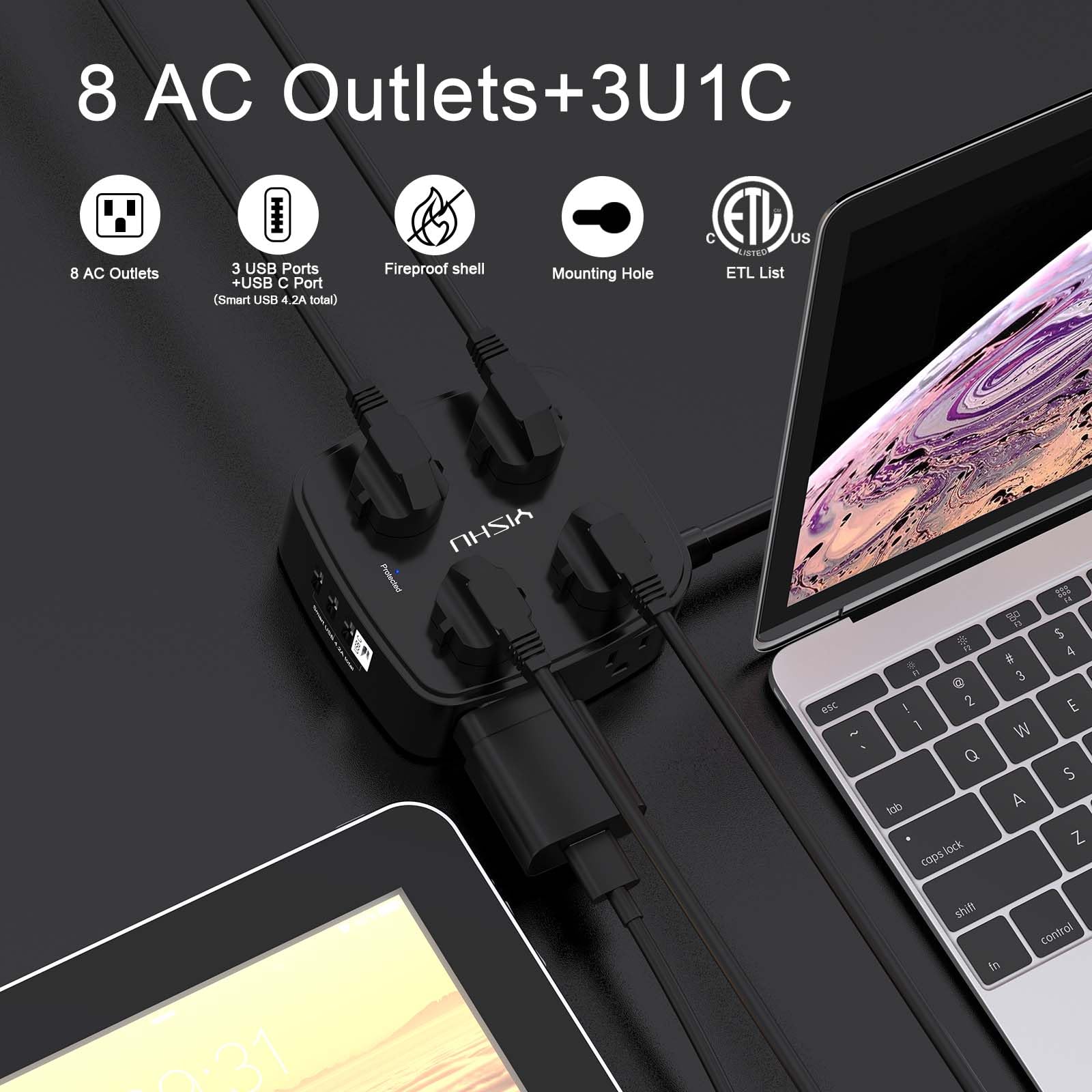 - 5Ft Surge Protector Power Strip - 8 Widely Outlets with 4 USB Ports, 3 Side Outlet Extender with 5 Feet Extension Cord, Flat Plug, Wall Mount, Desk USB Charging Station, ETL,White
