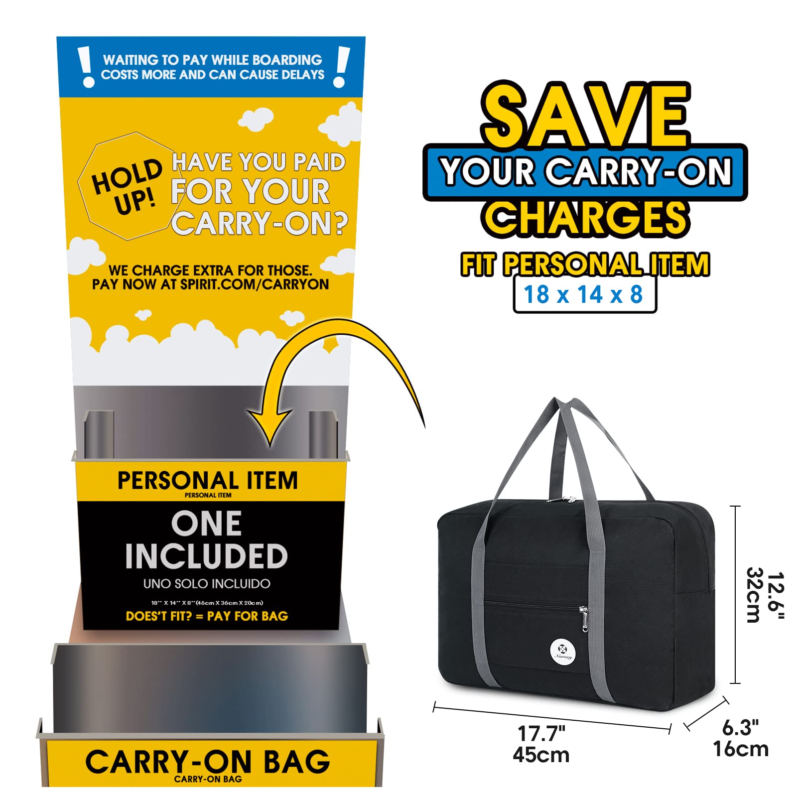 - For Spirit Airlines Personal Item Bag 18x14x8 Foldable Travel Duffel Bag Tote Carry on Luggage Duffle Overnight for Women and Men