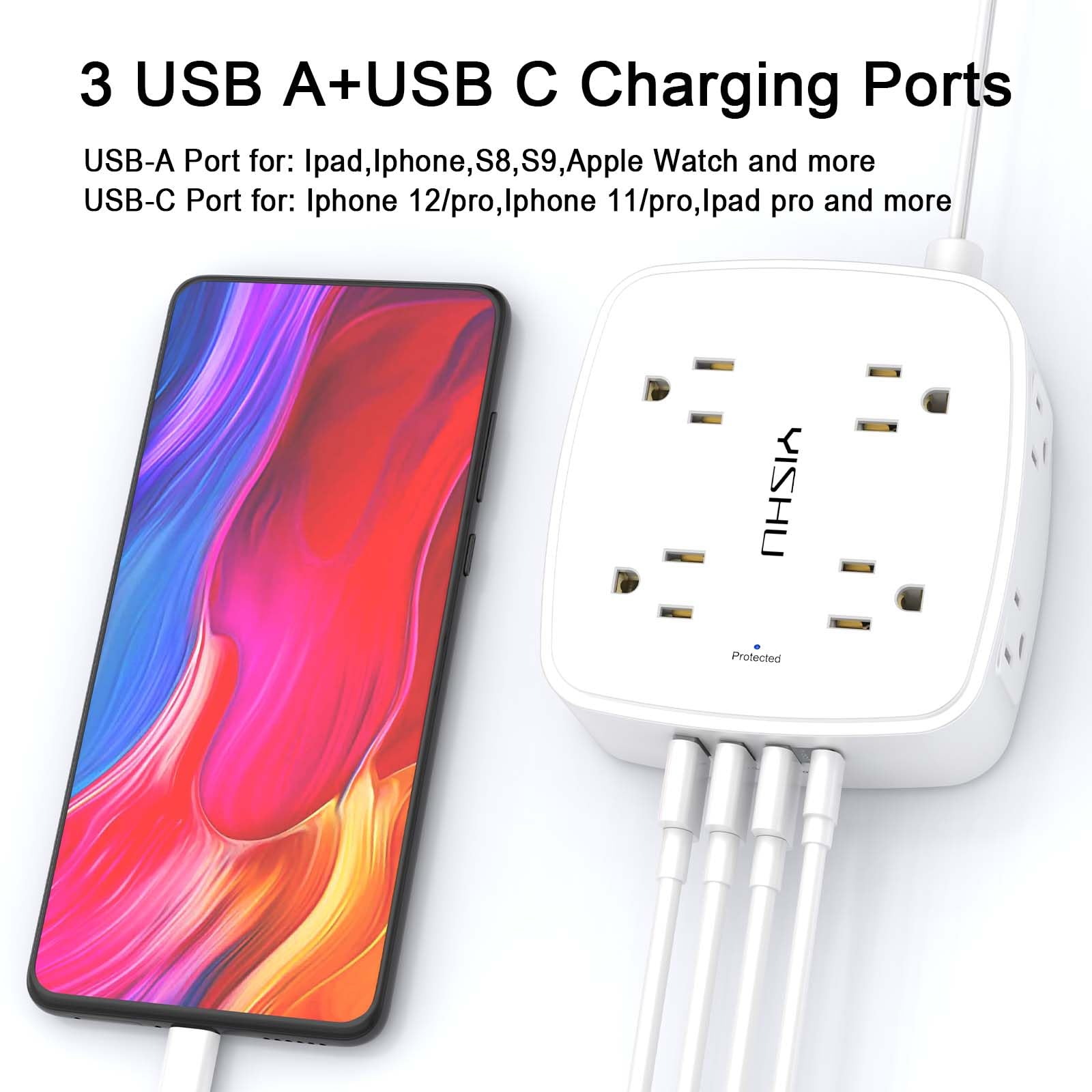 - 5Ft Surge Protector Power Strip - 8 Widely Outlets with 4 USB Ports, 3 Side Outlet Extender with 5 Feet Extension Cord, Flat Plug, Wall Mount, Desk USB Charging Station, ETL,White