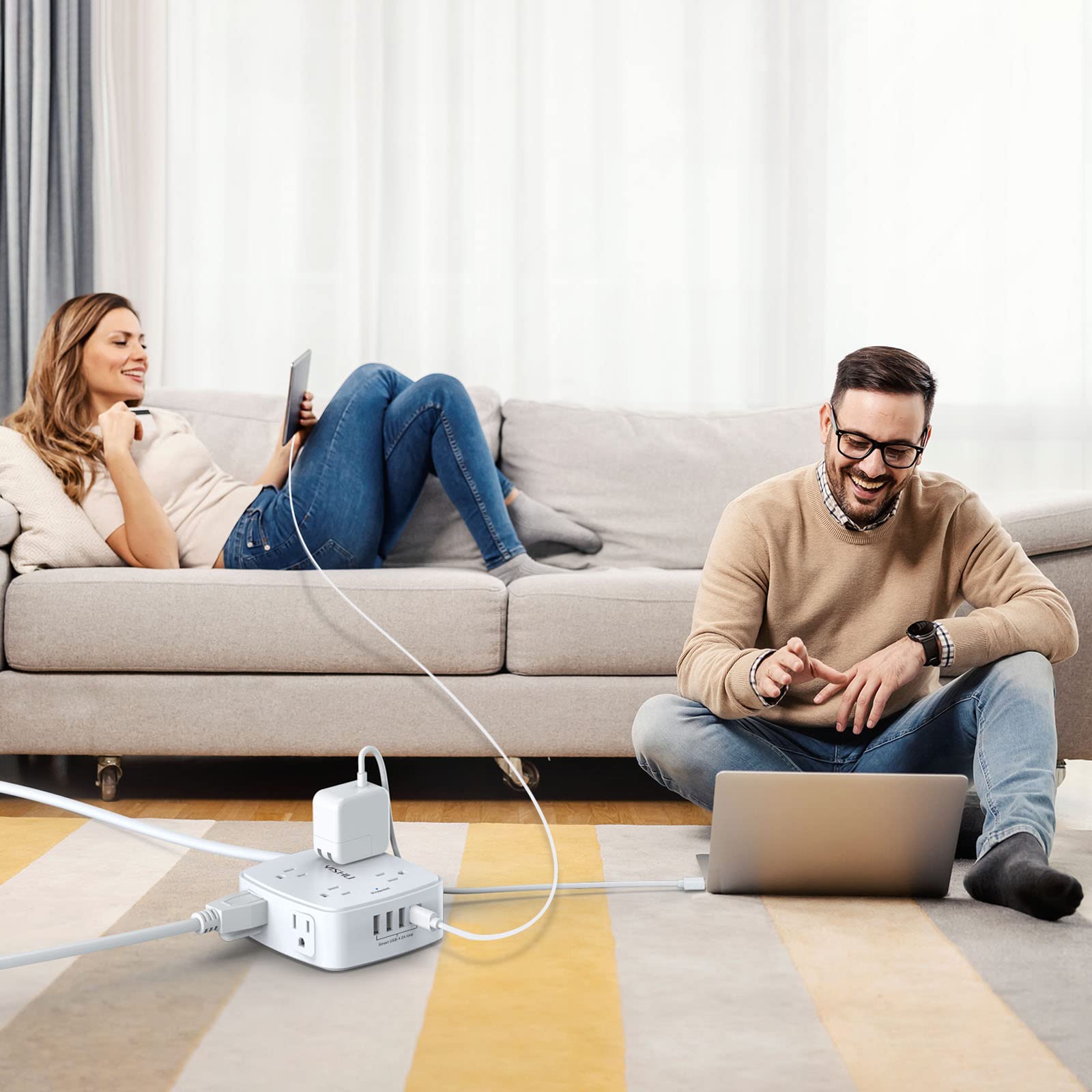 - 5Ft Surge Protector Power Strip - 8 Widely Outlets with 4 USB Ports, 3 Side Outlet Extender with 5 Feet Extension Cord, Flat Plug, Wall Mount, Desk USB Charging Station, ETL,White