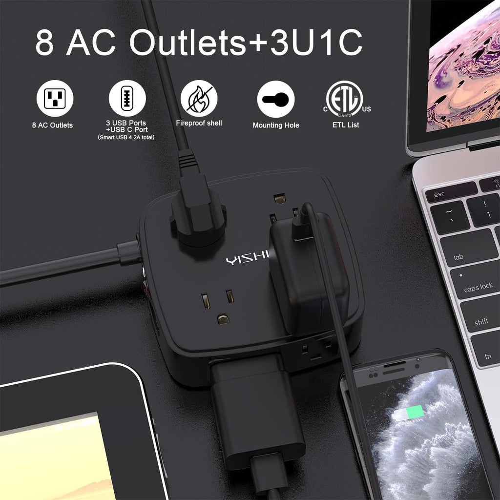 - 5Ft Surge Protector Power Strip - 8 Widely Outlets with 4 USB Ports, 3 Side Outlet Extender with 5 Feet Extension Cord, Flat Plug, Wall Mount, Desk USB Charging Station, ETL,White