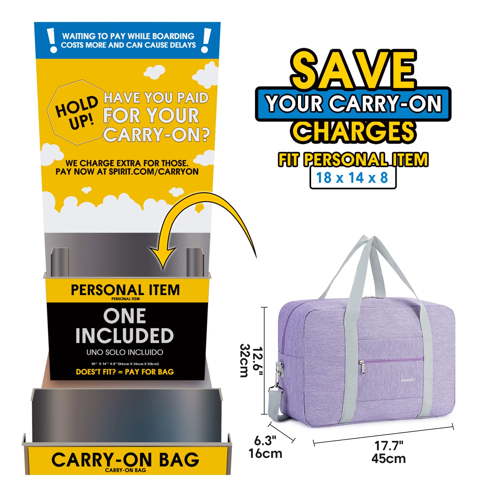 - For Spirit Airlines Personal Item Bag 18x14x8 Foldable Travel Duffel Bag Tote Carry on Luggage Duffle Overnight for Women and Men