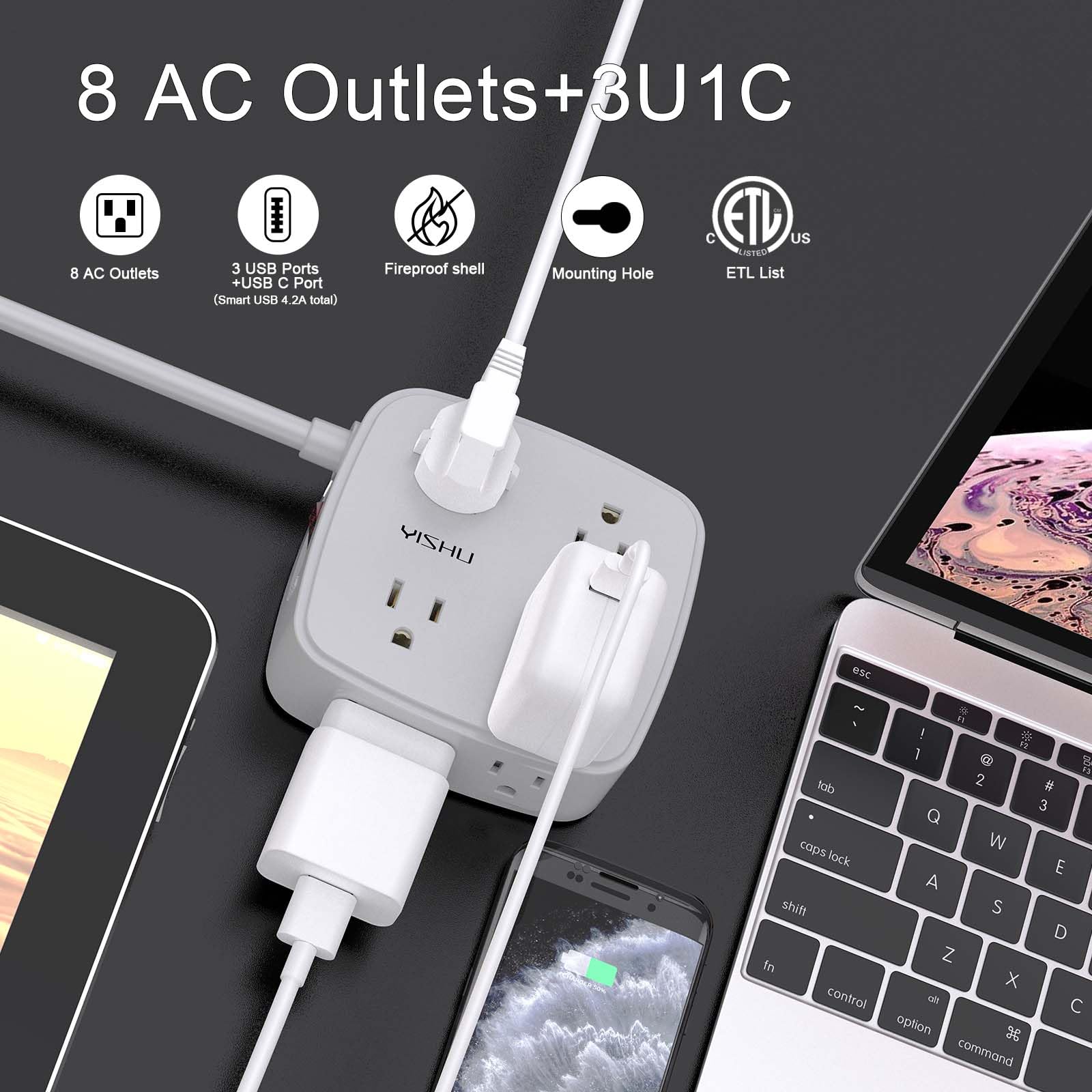 - 5Ft Surge Protector Power Strip - 8 Widely Outlets with 4 USB Ports, 3 Side Outlet Extender with 5 Feet Extension Cord, Flat Plug, Wall Mount, Desk USB Charging Station, ETL,White