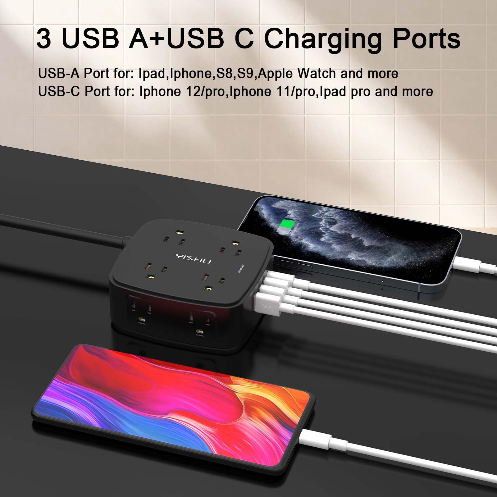 - 5Ft Surge Protector Power Strip - 8 Widely Outlets with 4 USB Ports, 3 Side Outlet Extender with 5 Feet Extension Cord, Flat Plug, Wall Mount, Desk USB Charging Station, ETL,White