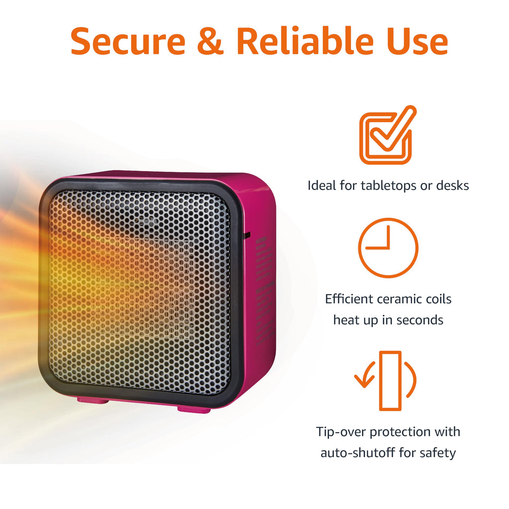 - Amazon Basics Portable Mini Ceramic Space Heater, for Office Desk and Indoor Use, 500 W, With Tip-Over Protection, Lightweight (1.4 LBS), White, 5.9 x 3.2 x 6 inches