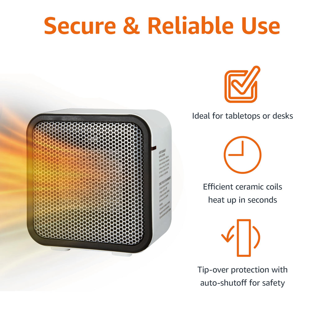 - Amazon Basics Portable Mini Ceramic Space Heater, for Office Desk and Indoor Use, 500 W, With Tip-Over Protection, Lightweight (1.4 LBS), White, 5.9 x 3.2 x 6 inches