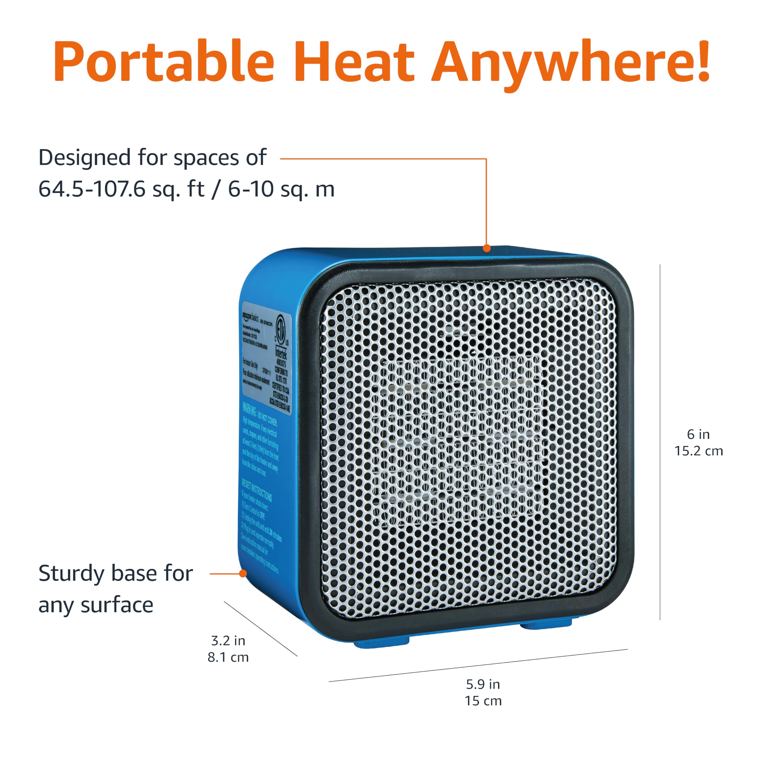 - Amazon Basics Portable Mini Ceramic Space Heater, for Office Desk and Indoor Use, 500 W, With Tip-Over Protection, Lightweight (1.4 LBS), White, 5.9 x 3.2 x 6 inches