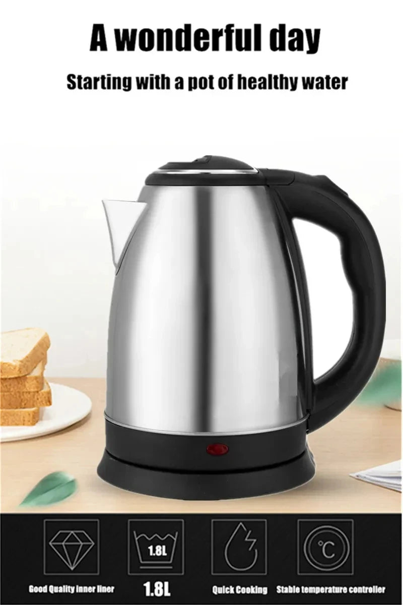 1.8L 220V Stainless Steel Electric Kettle Silver Black Base Separation Desion Rust-resistant Durable for Home During Travel